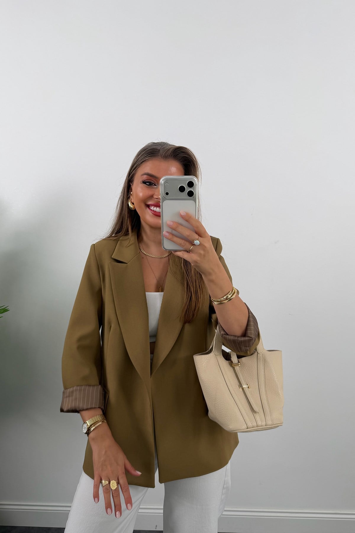 Premium Seri Double Kumaş Çizgili Tona Tona Astar Blazer Olive