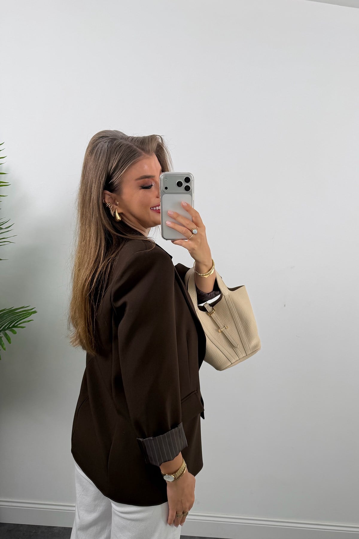 Premium Seri Double Kumaş Çizgili Tona Tona Astar Blazer Koyu Kahve