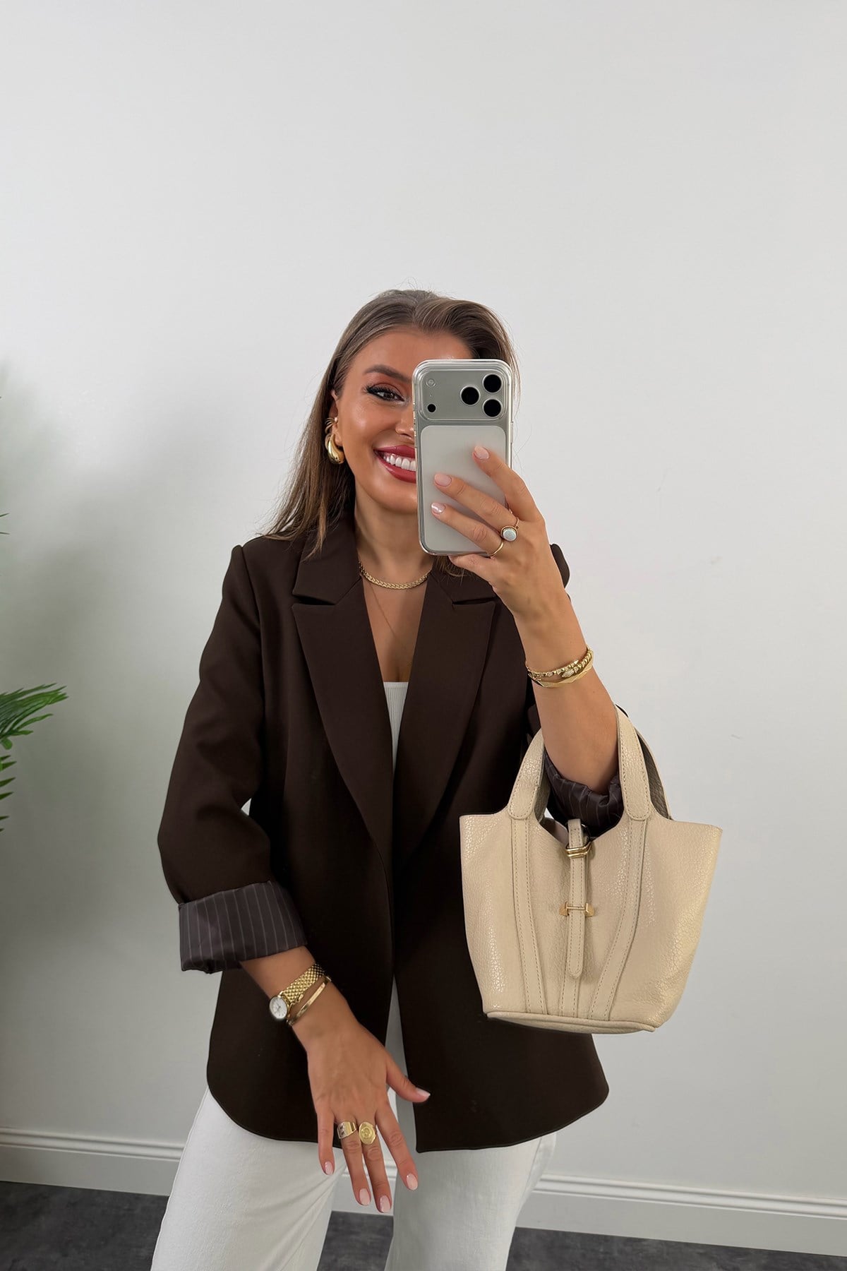 Premium Seri Double Kumaş Çizgili Tona Tona Astar Blazer Koyu Kahve