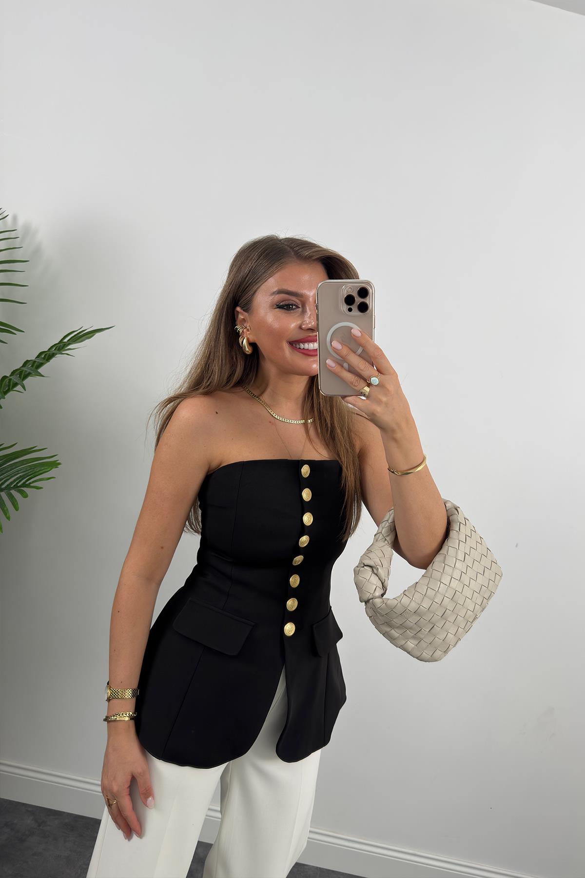Premium Seri Double Kumaş Gold Düğme Straplez Yelek Siyah