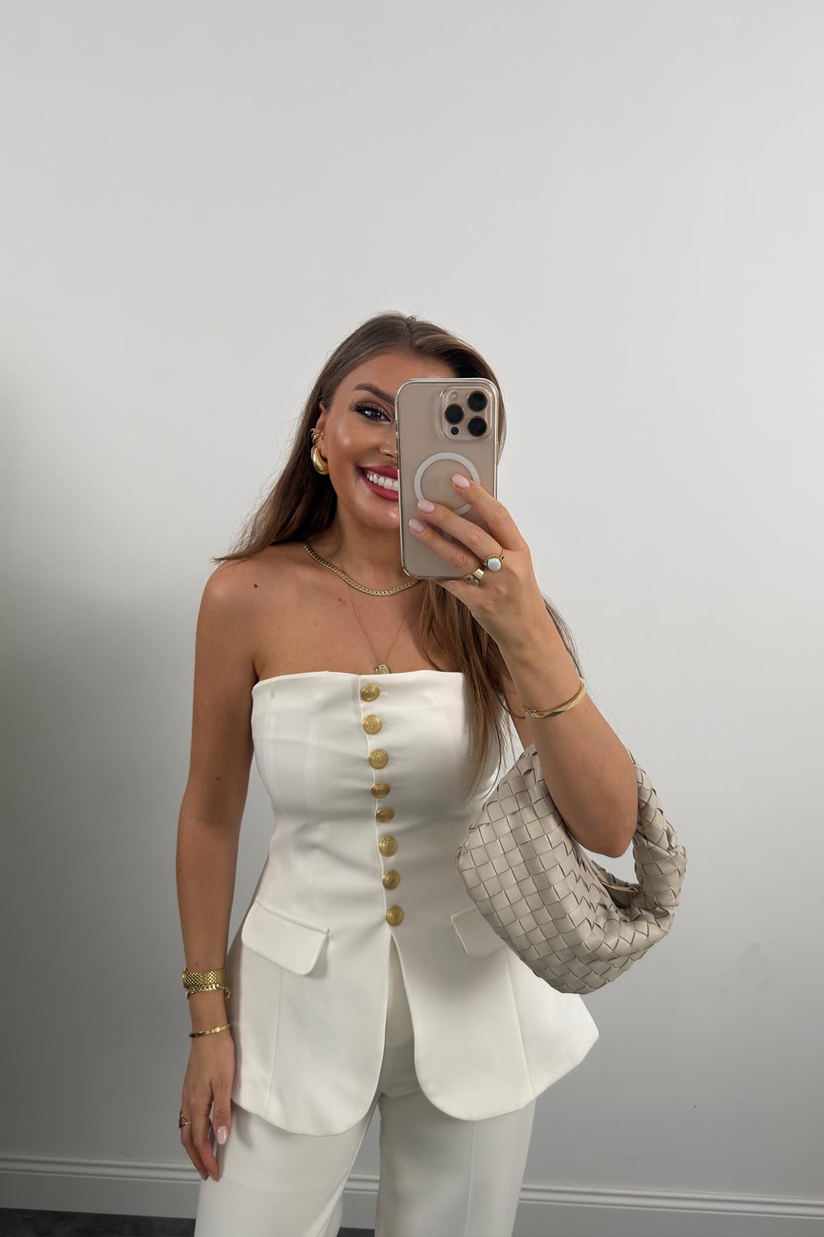 Premium Seri Double Kumaş Gold Düğme Straplez Yelek Ekru