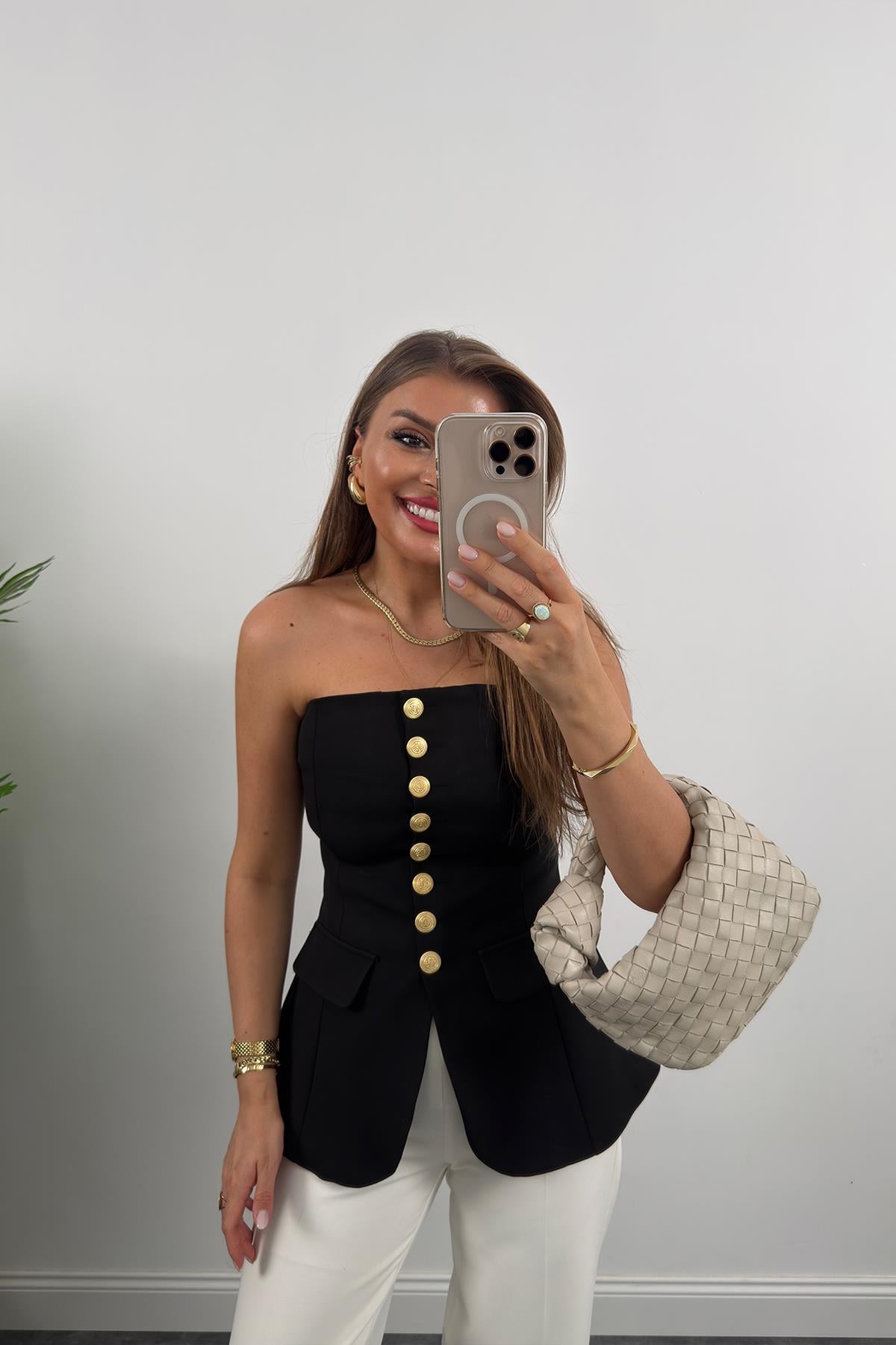 Premium Seri Double Kumaş Gold Düğme Straplez Yelek Siyah