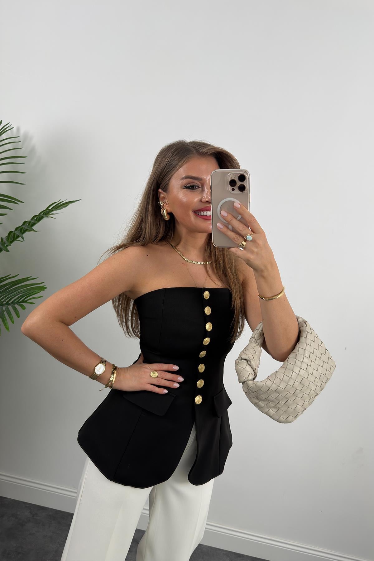 Premium Seri Double Kumaş Gold Düğme Straplez Yelek Siyah