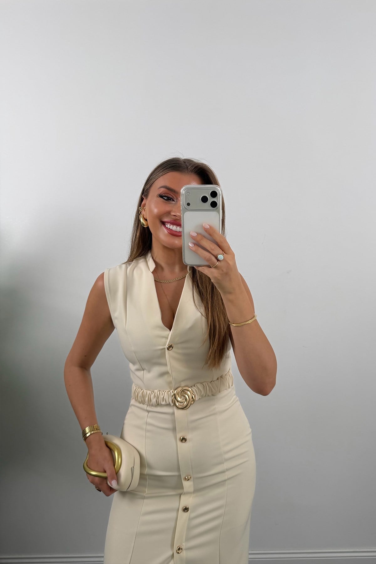 Premium Seri Double Kumaş Gold Kemerli Kalem Elbise Krem