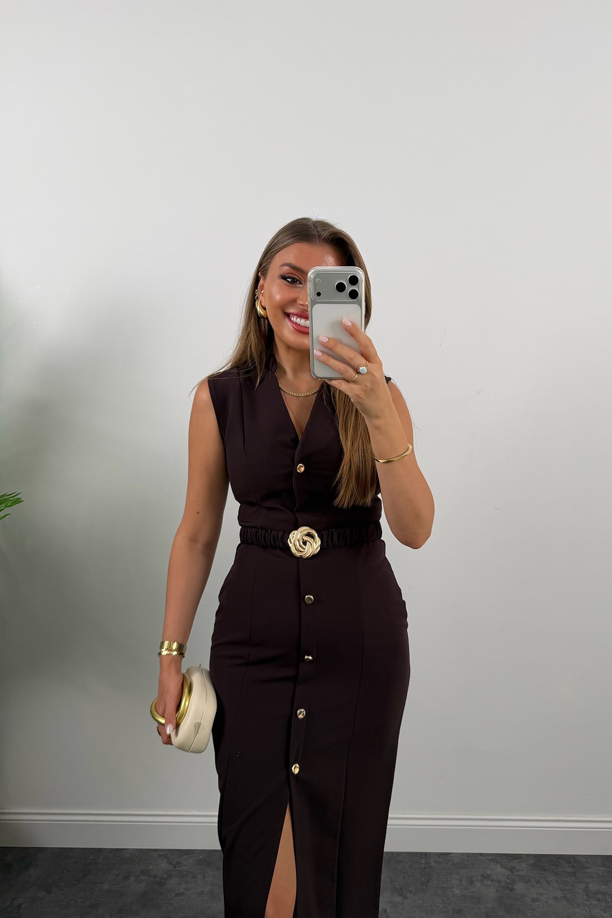 Premium Seri Double Kumaş Gold Kemerli Kalem Elbise Acı Kahve
