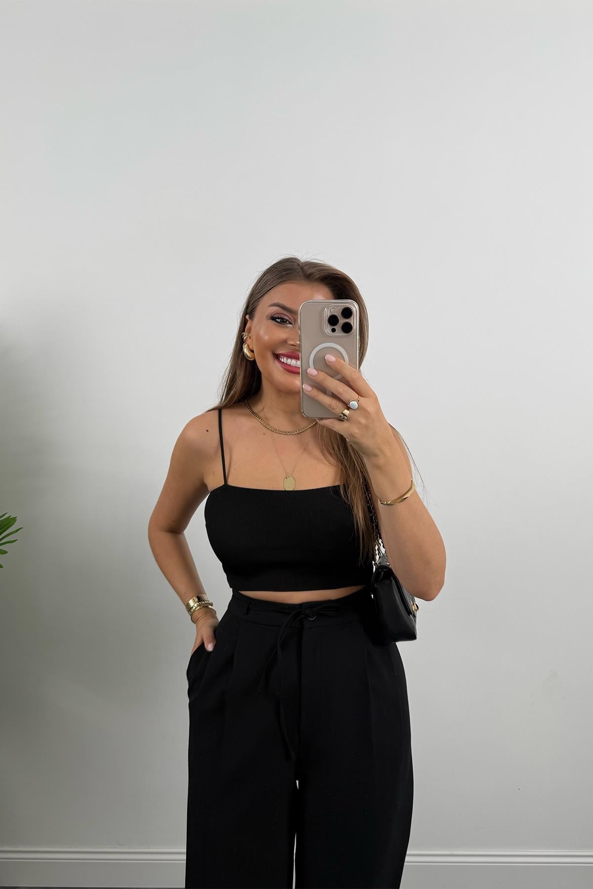 Premium Seri Double Kumaş Beli İpli Harem Kumaş Pantolon Siyah
