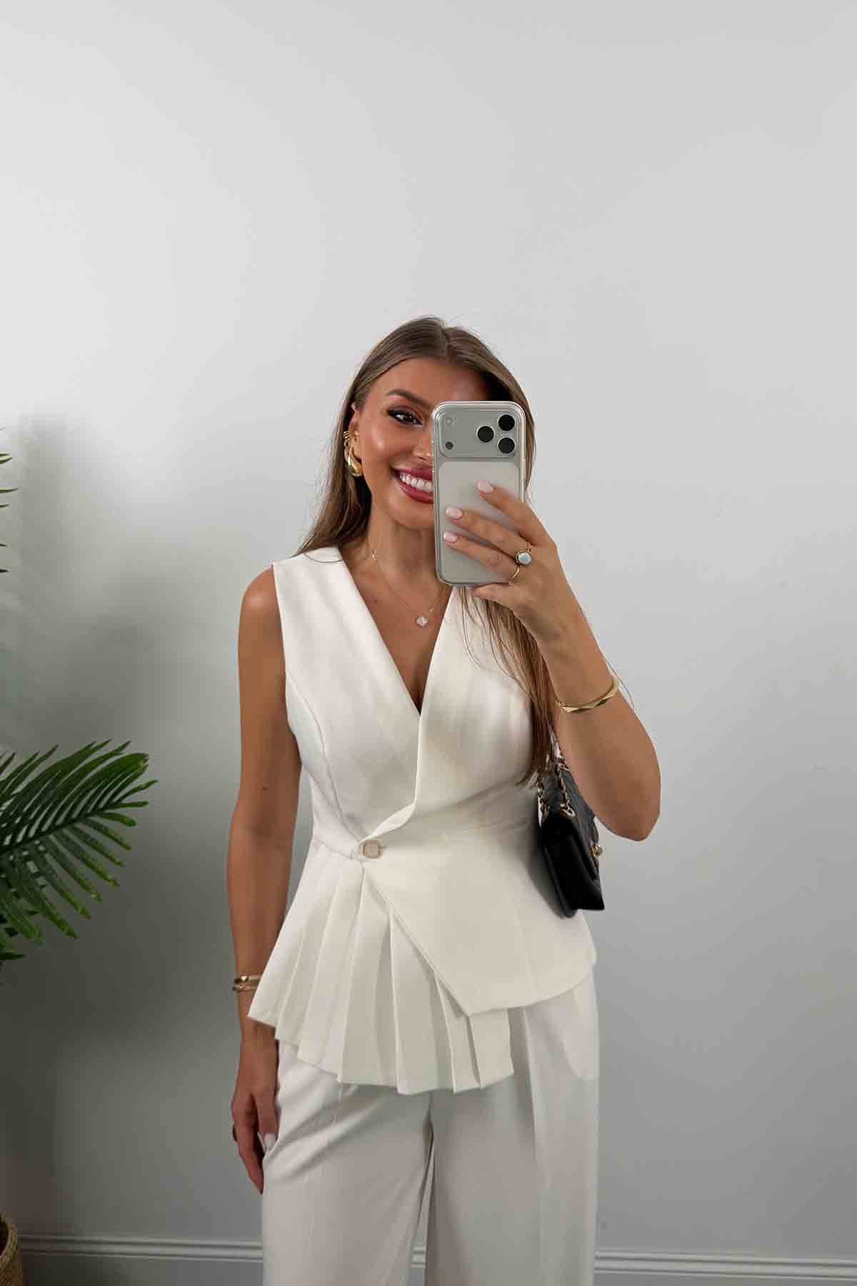 Premium Seri Double Kumaş Pileli Yelek Palazzo Takım Beyaz