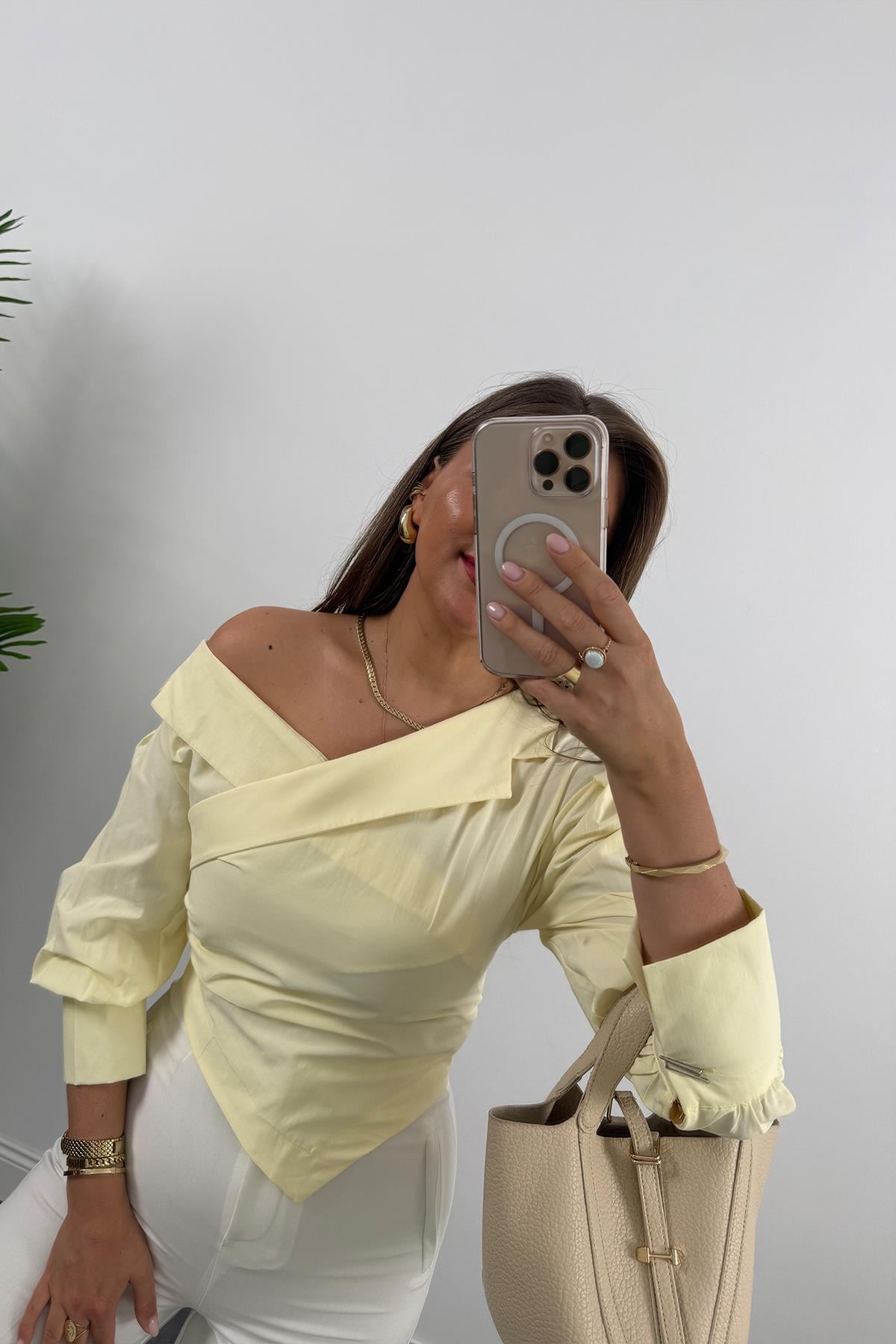 Premium Seri Düşük Omuz Tasarım Poplin Gömlek Sarı