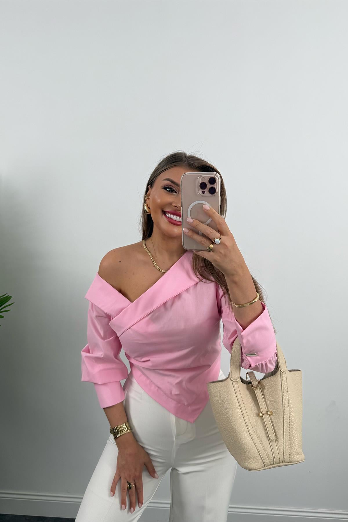 Premium Seri Düşük Omuz Tasarım Poplin Gömlek Pembe