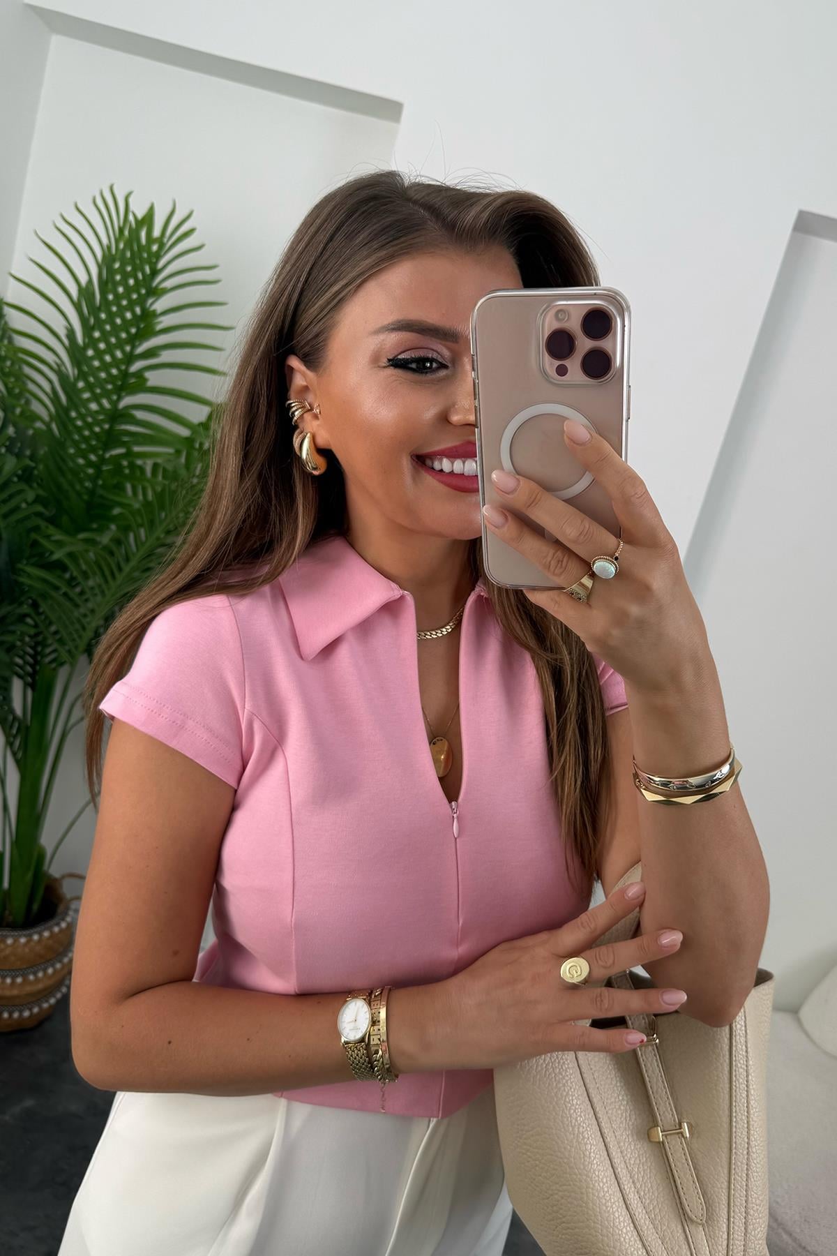 Premium Seri Fermuarlı Polo Yaka Pamuklu Basic Pembe