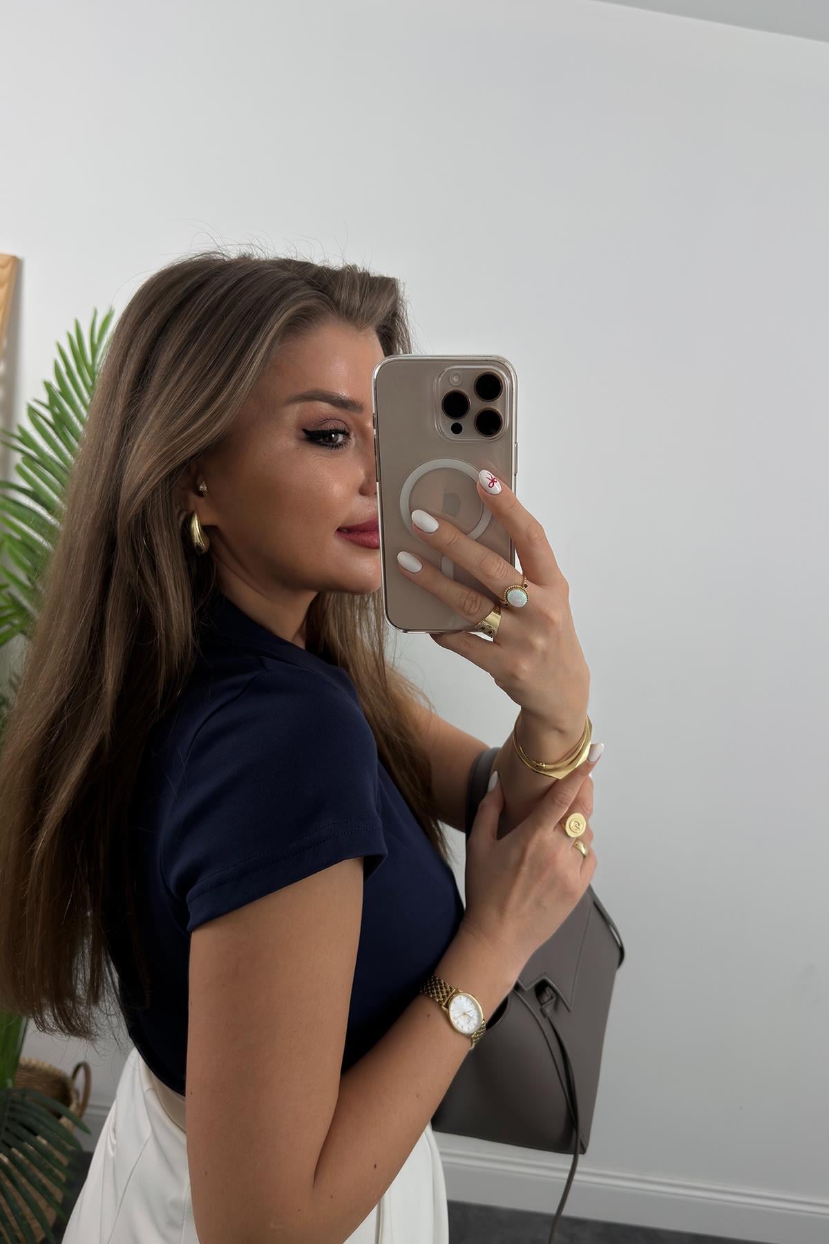 Premium Seri Fermuarlı Polo Yaka Pamuklu Basic Klasik Lacivert