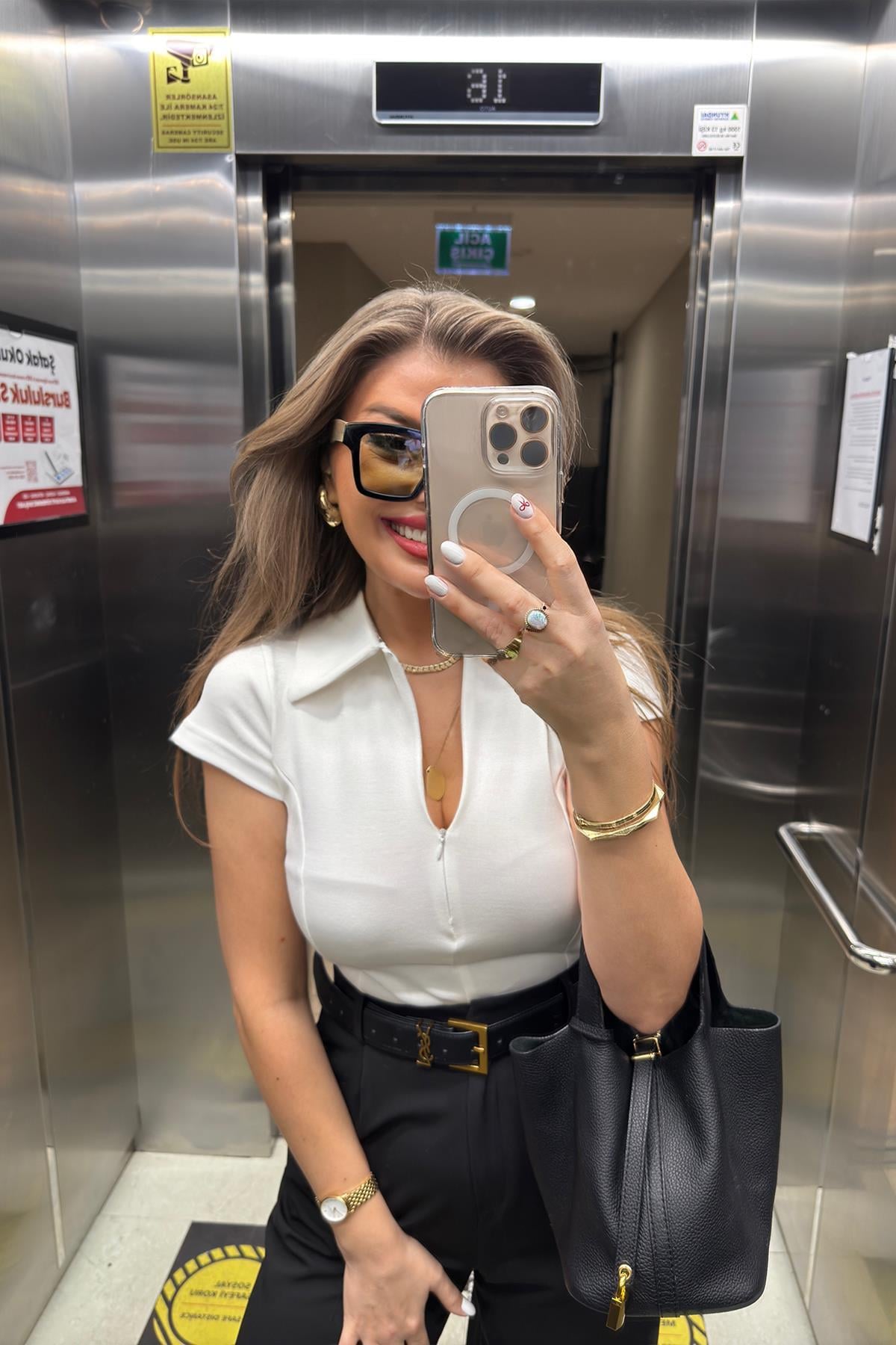 Premium Seri Fermuarlı Polo Yaka Pamuklu Basic Ekru 