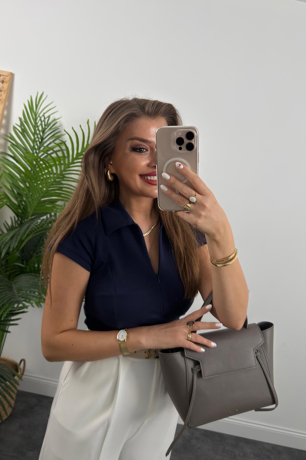 Premium Seri Fermuarlı Polo Yaka Pamuklu Basic Klasik Lacivert