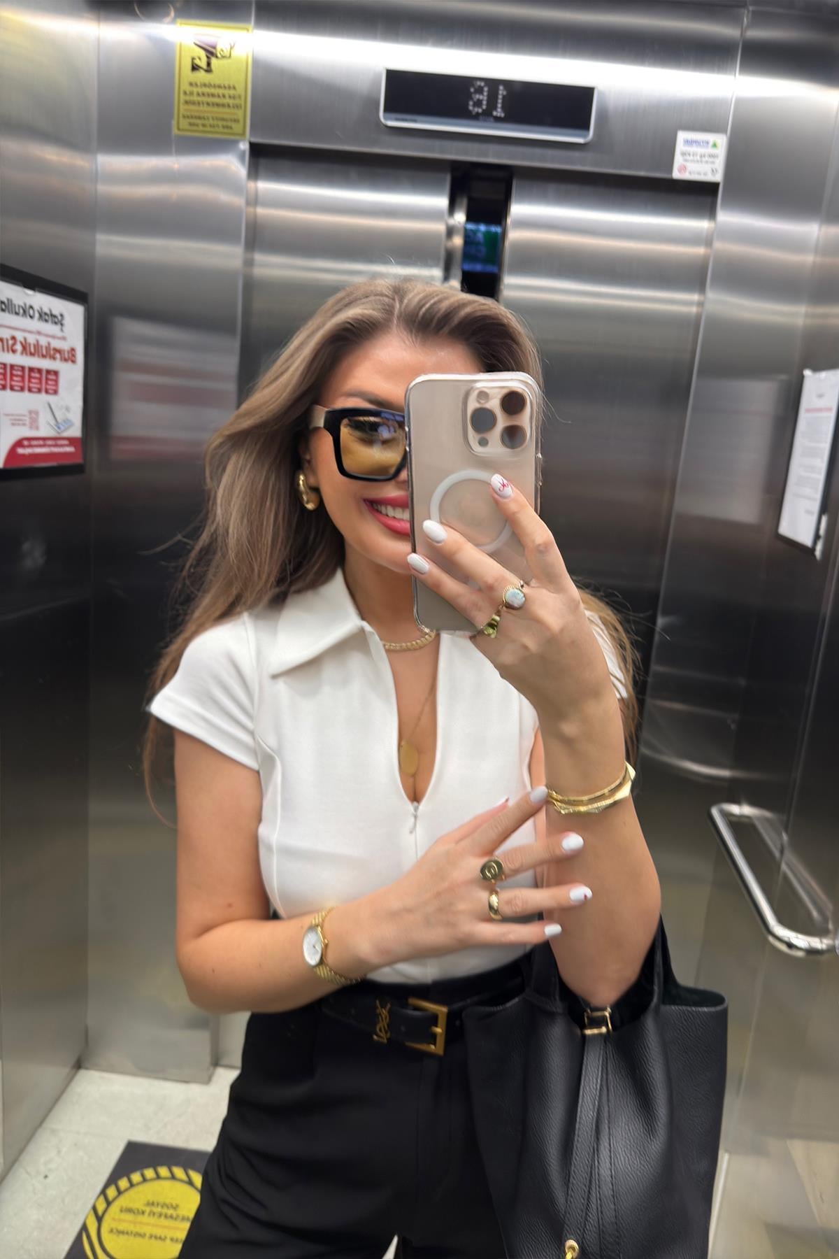 Premium Seri Fermuarlı Polo Yaka Pamuklu Basic Ekru 