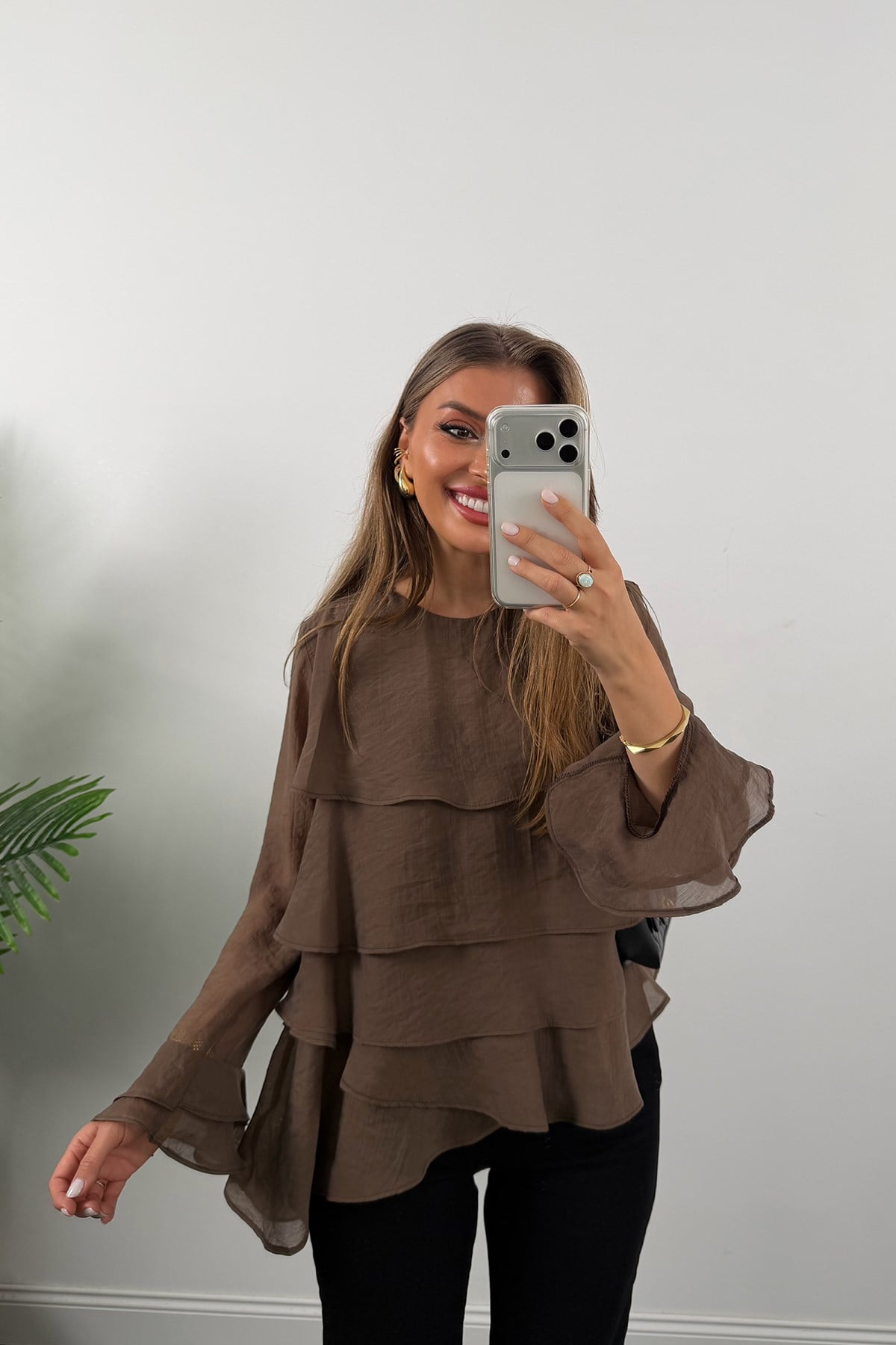 Premium Seri Fırfırlı Tensel Bluz Kahve