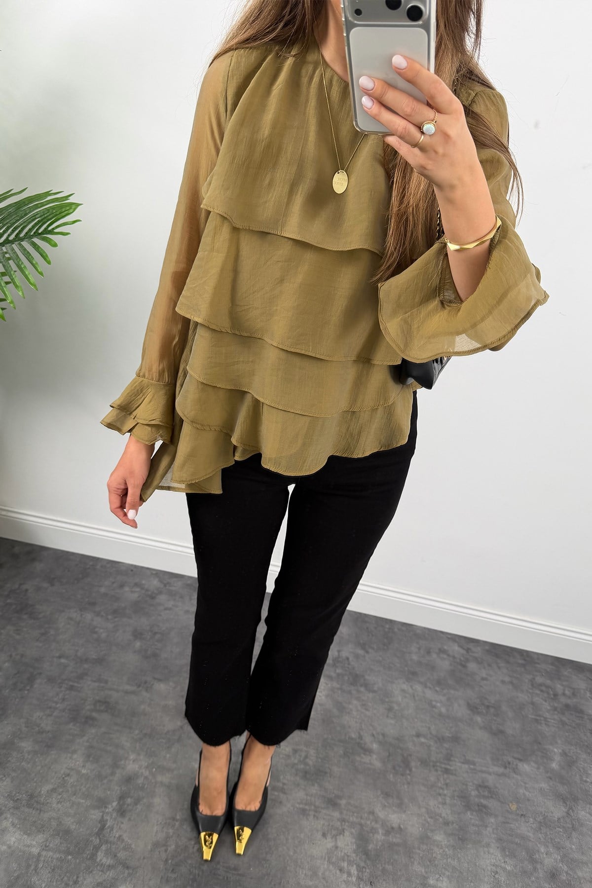 Premium Seri Fırfırlı Tensel Bluz Olive 
