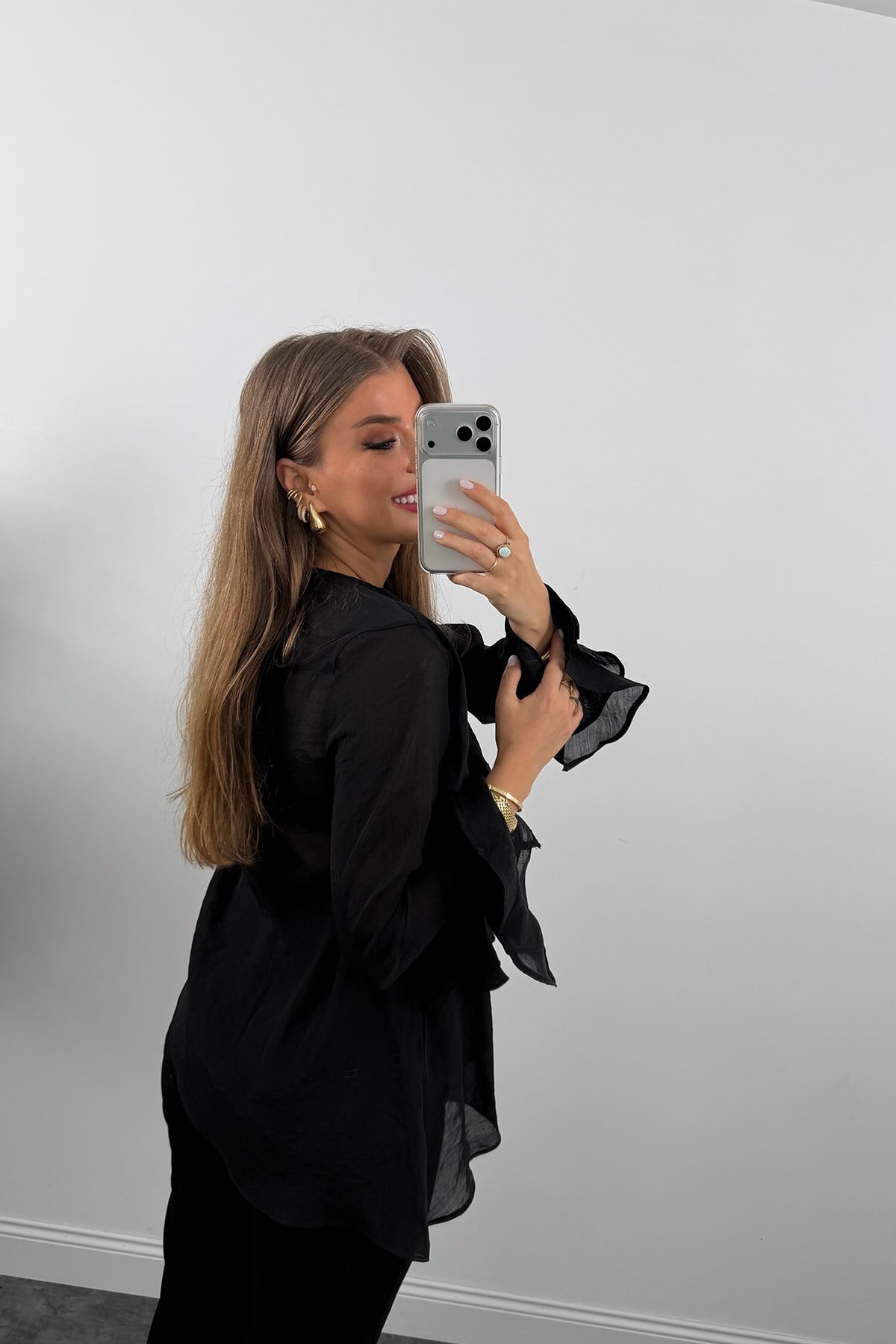 Premium Seri Fırfırlı Tensel Bluz Siyah