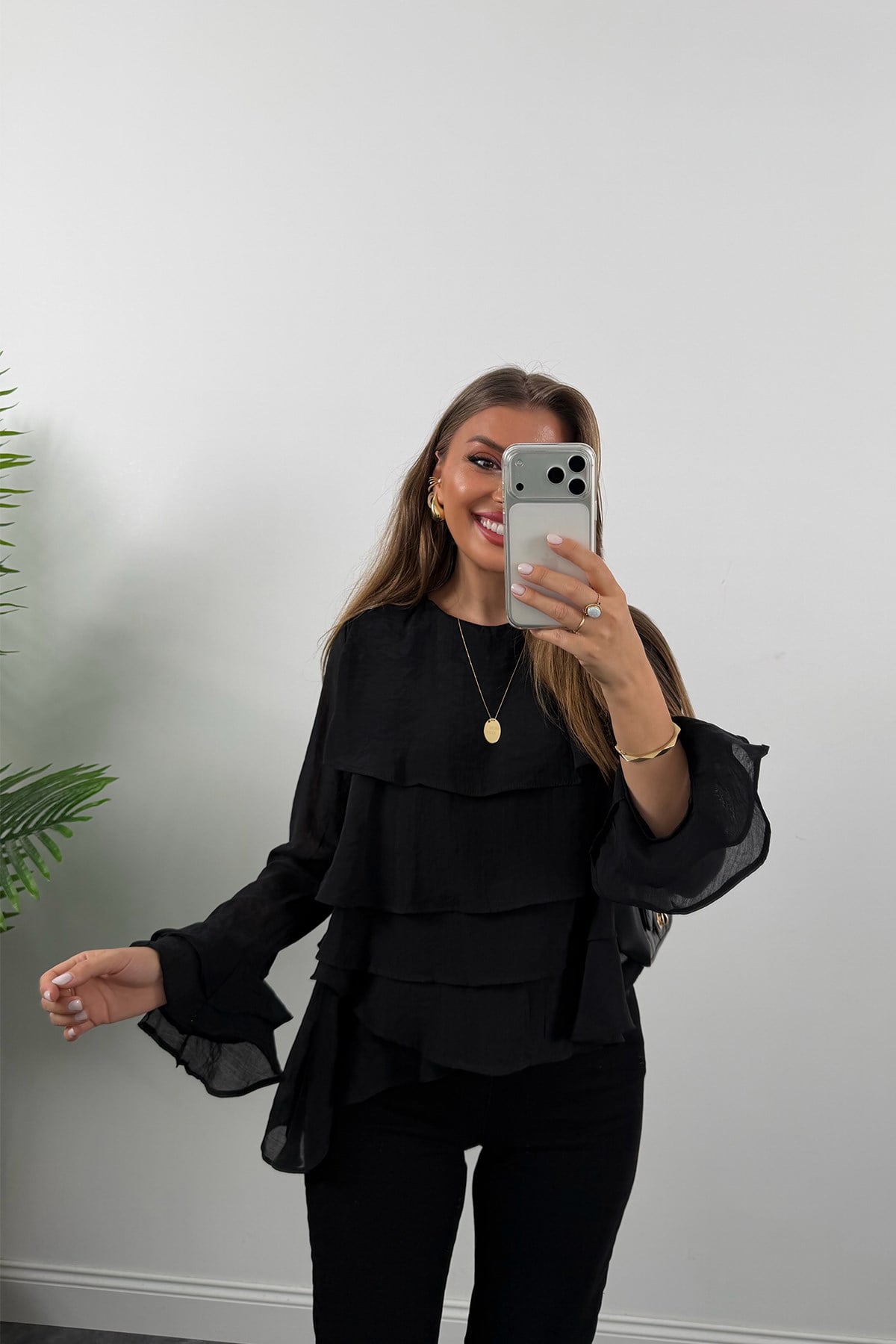 Premium Seri Fırfırlı Tensel Bluz Siyah