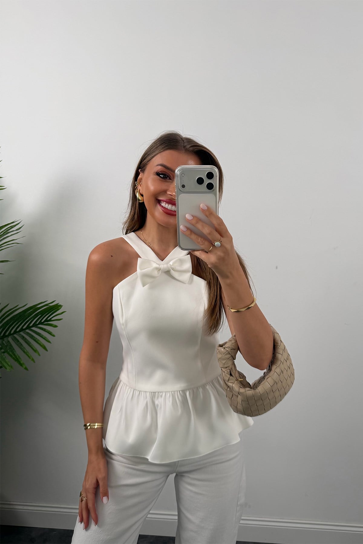 Premium Seri Fiyonklu Peplum Bluz Beyaz