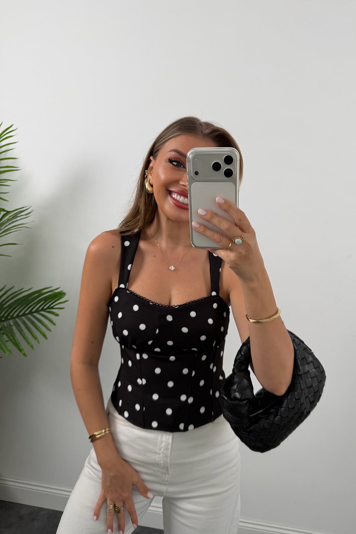Premium Seri Fularlı Puantiyeli Korse Bluz Siyah