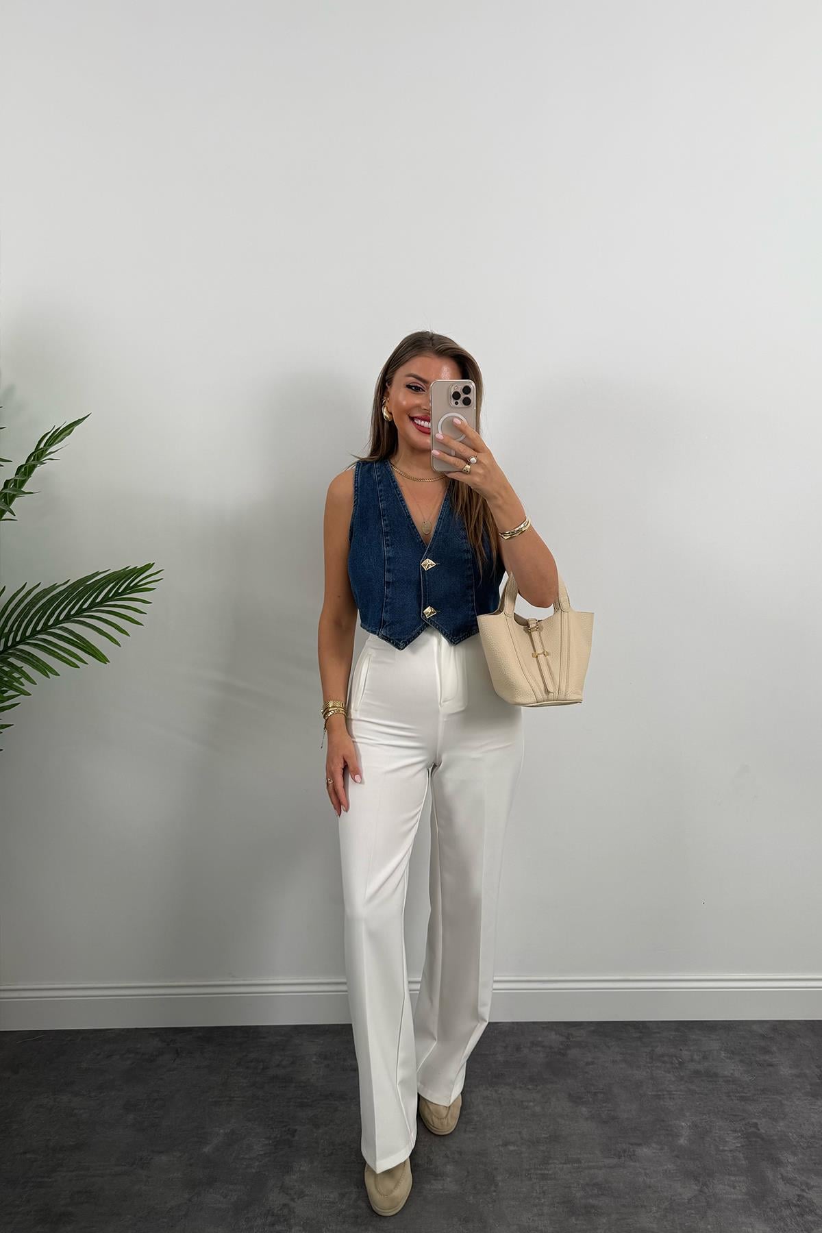 Premium Seri Gold Düğmeli Kısa Jean Yelek