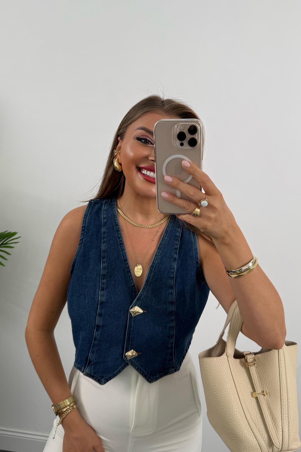 Premium Seri Gold Düğmeli Kısa Jean Yelek