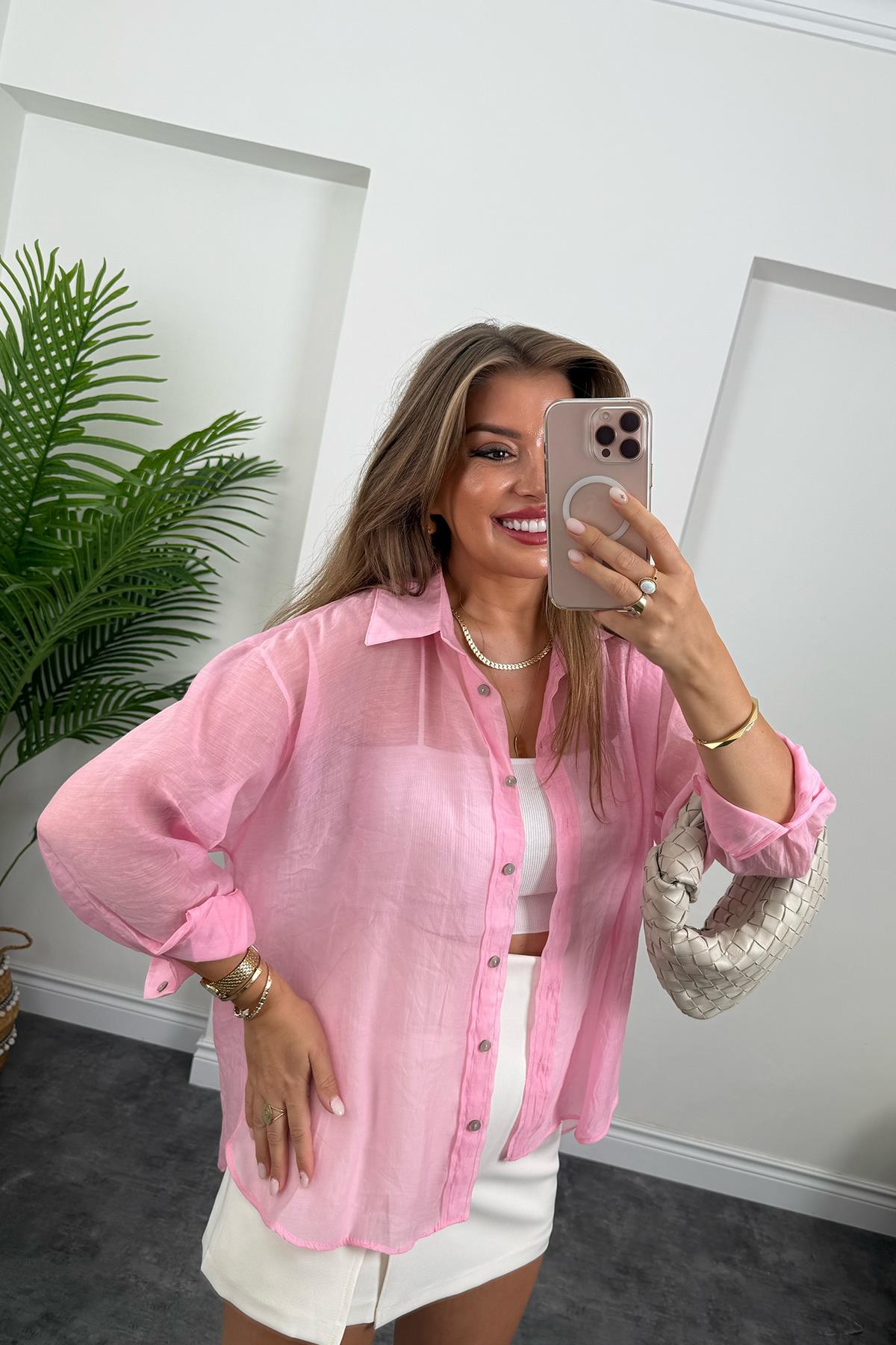 Premium Seri İpeksi Transparan Gömlek Pembe