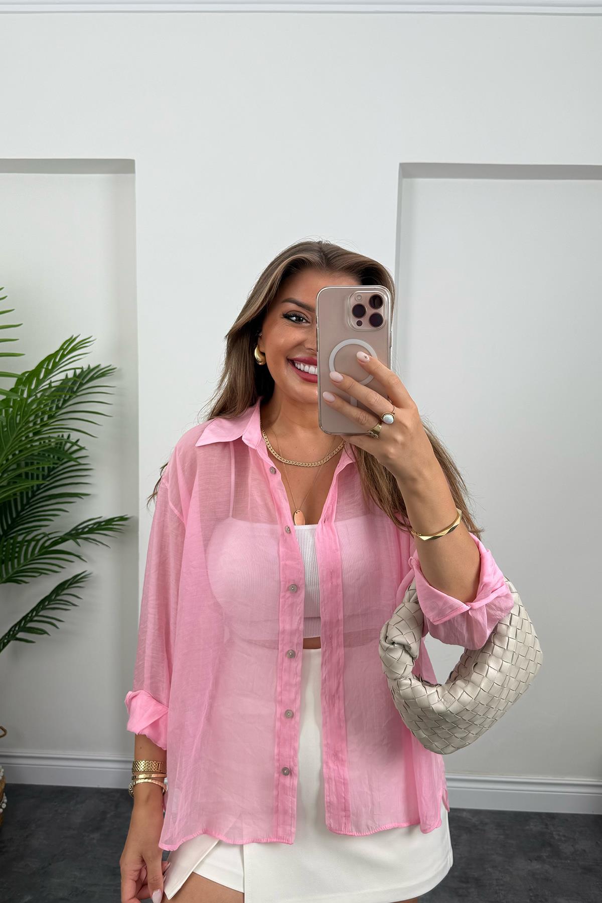 Premium Seri İpeksi Transparan Gömlek Pembe