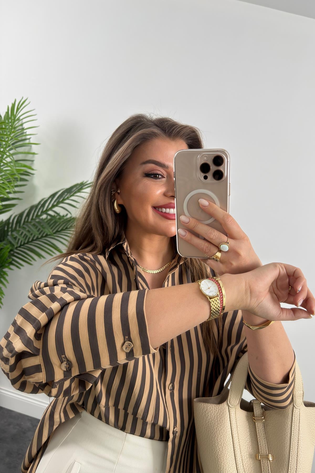 Premium Seri Kahve Camel Çizgili Tensel Gömlek