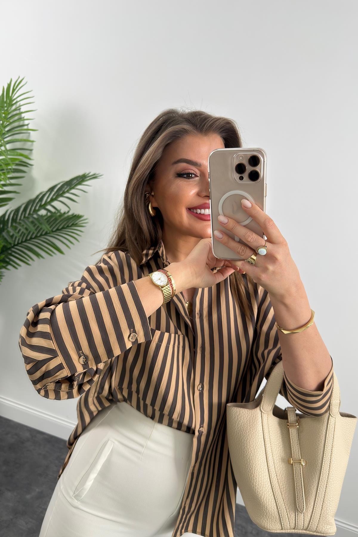 Premium Seri Kahve Camel Çizgili Tensel Gömlek