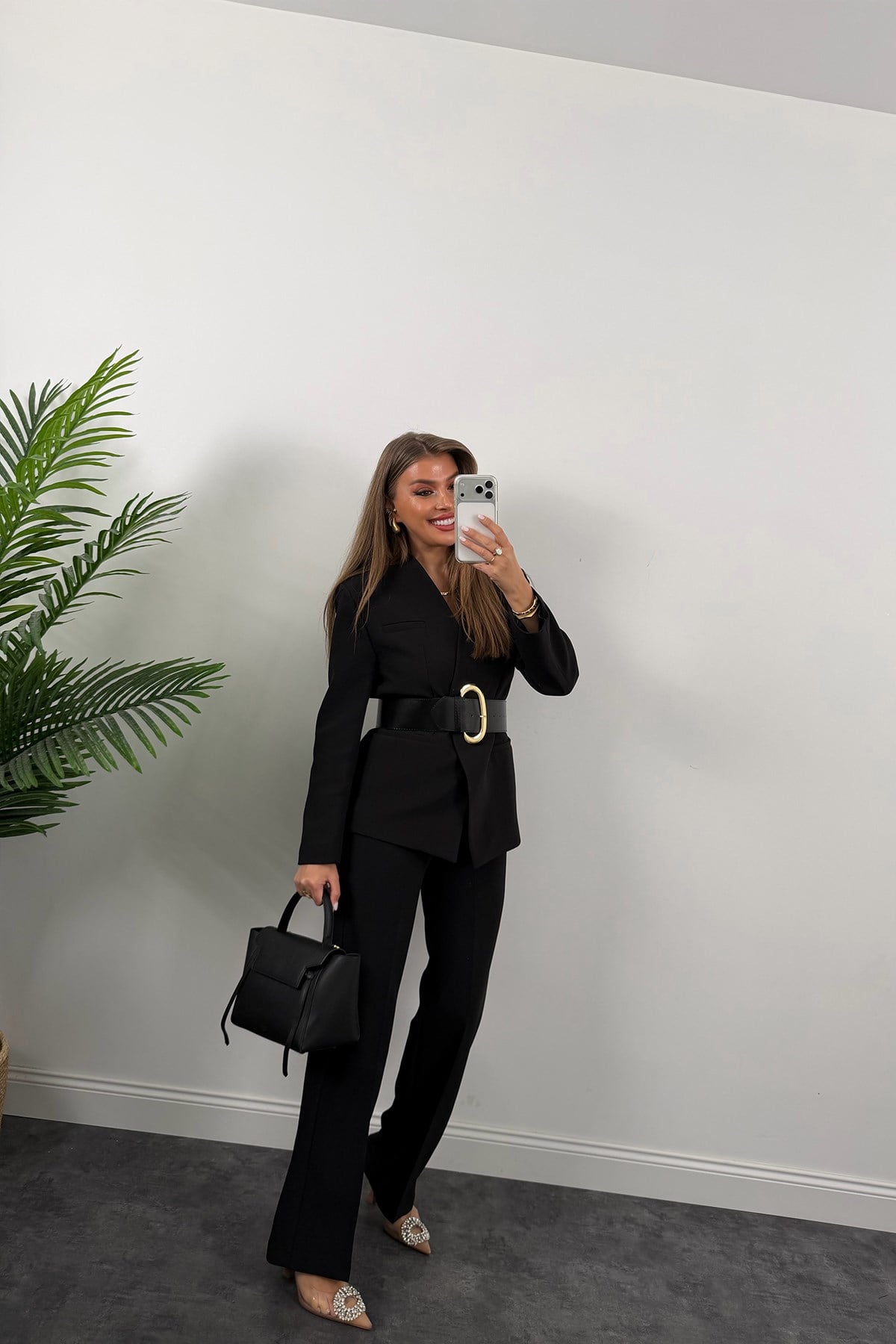 Premium Seri Kalın Kemerli Double Kumaş Vatkalı Ceket Siyah