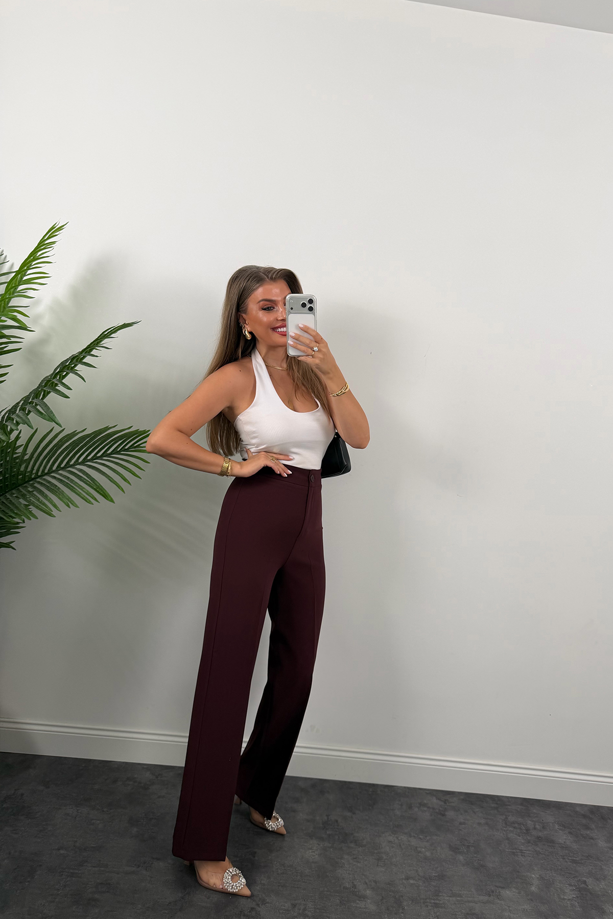 Premium Seri Kalın Kumaş Double Atlas Palazzo Mürdüm