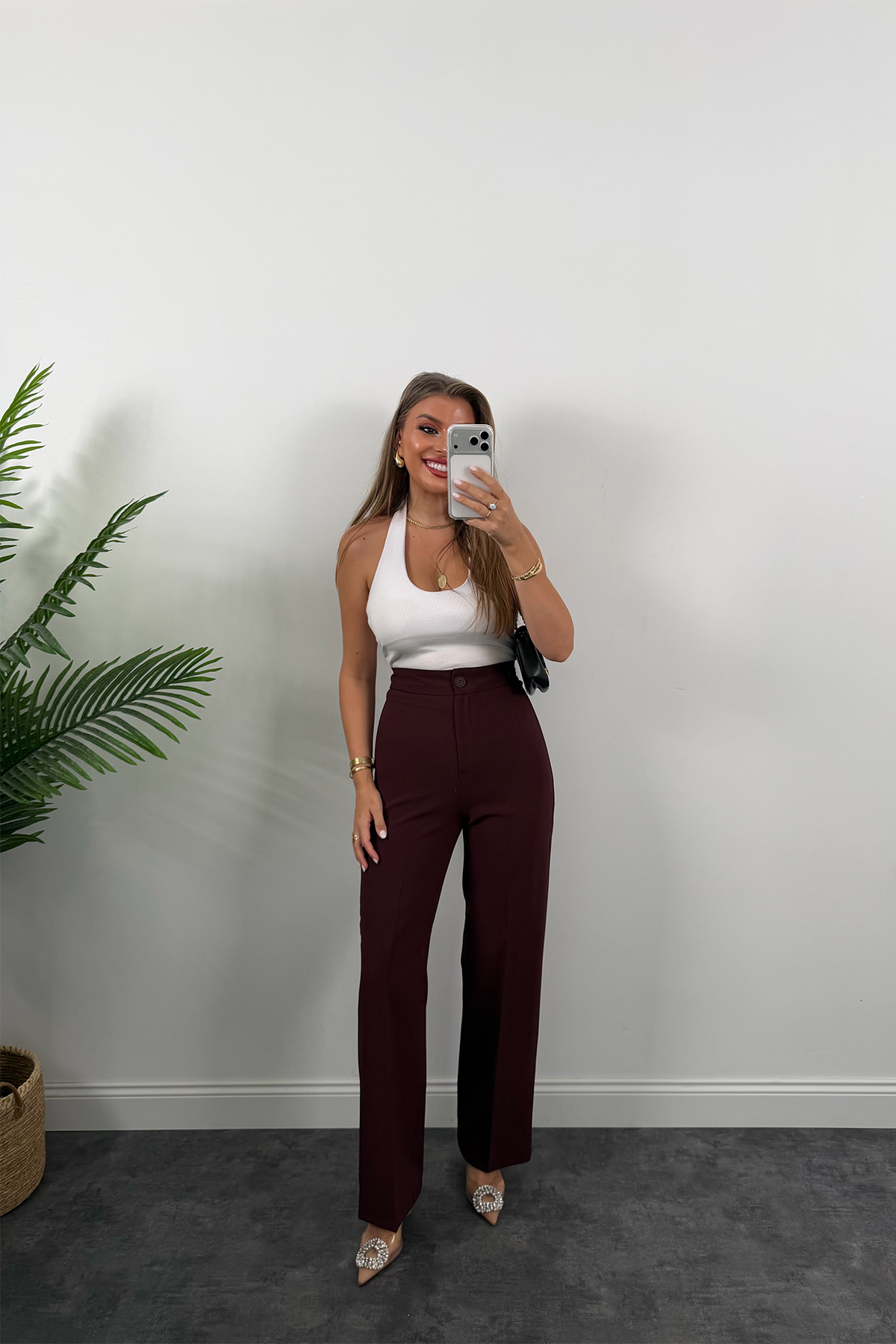 Premium Seri Kalın Kumaş Double Atlas Palazzo Mürdüm