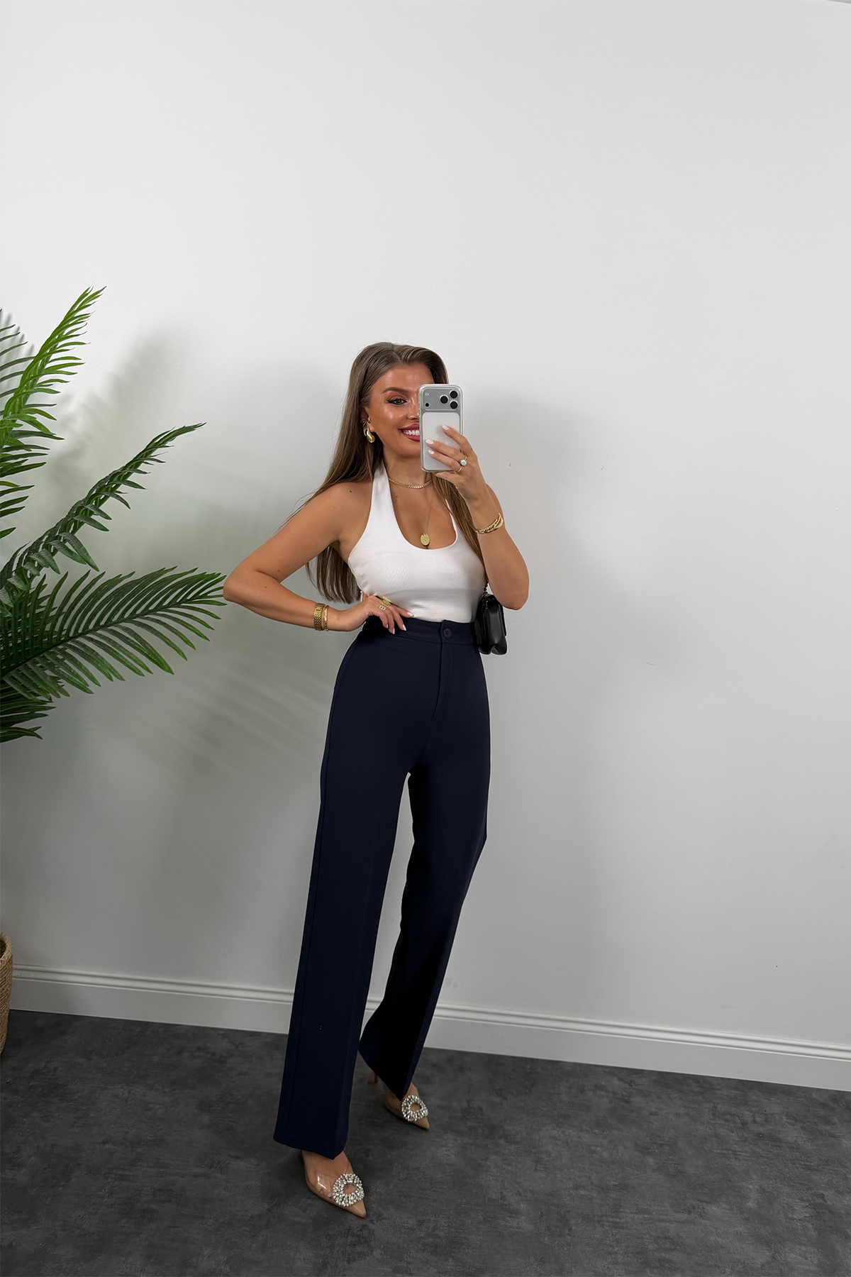 Premium Seri Kalın Kumaş Double Atlas Palazzo Lacivert