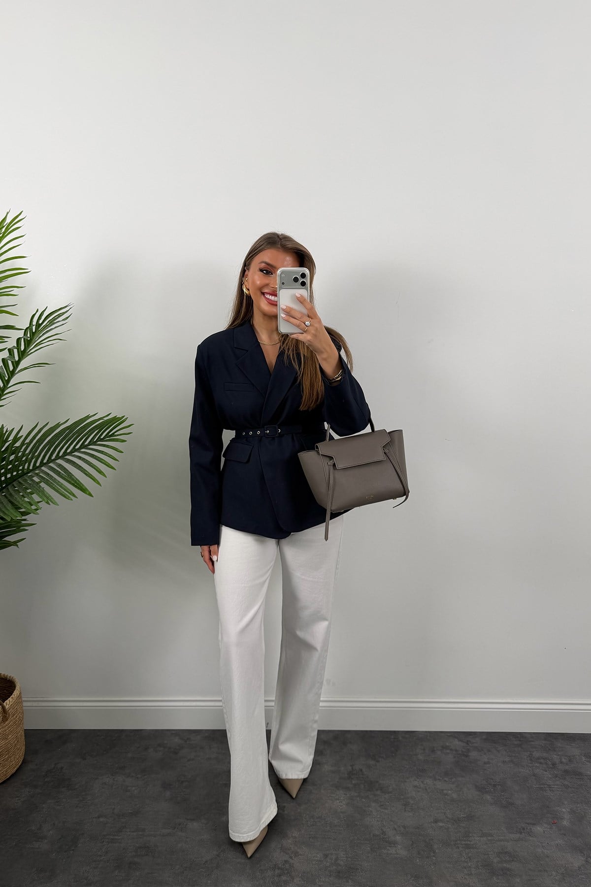 Premium Seri Kemerli Özel Dokulu Poliviskon Blazer Lacivert