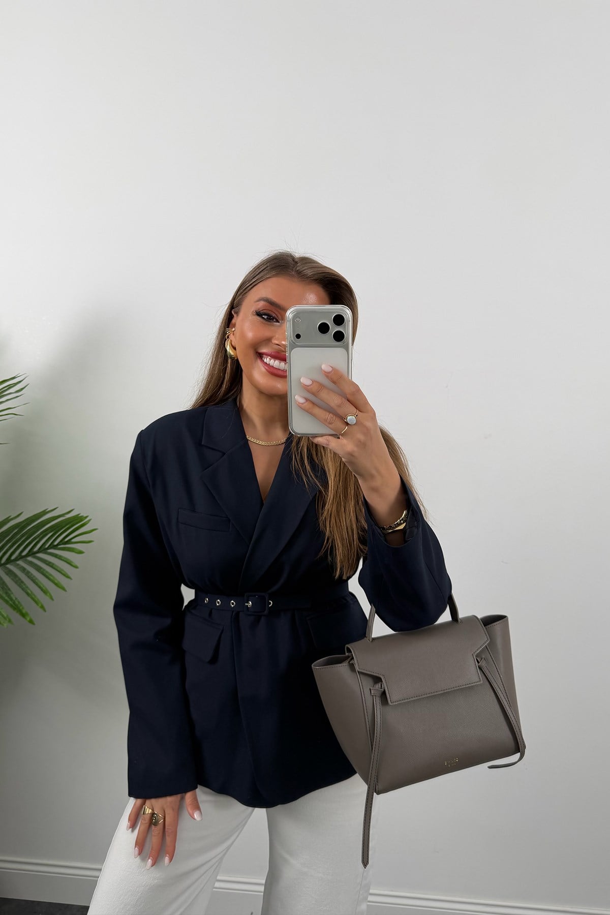 Premium Seri Kemerli Özel Dokulu Poliviskon Blazer Lacivert