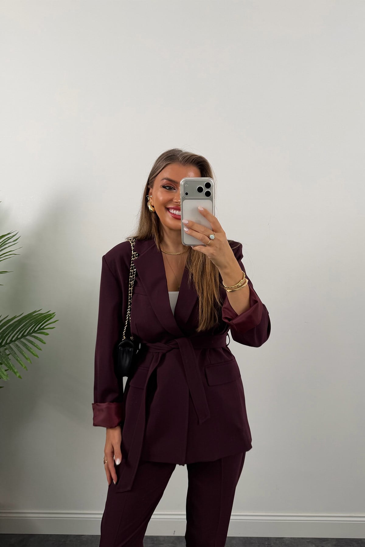 Premium Seri Kemerli Pantolon Ceket Takım Mürdüm