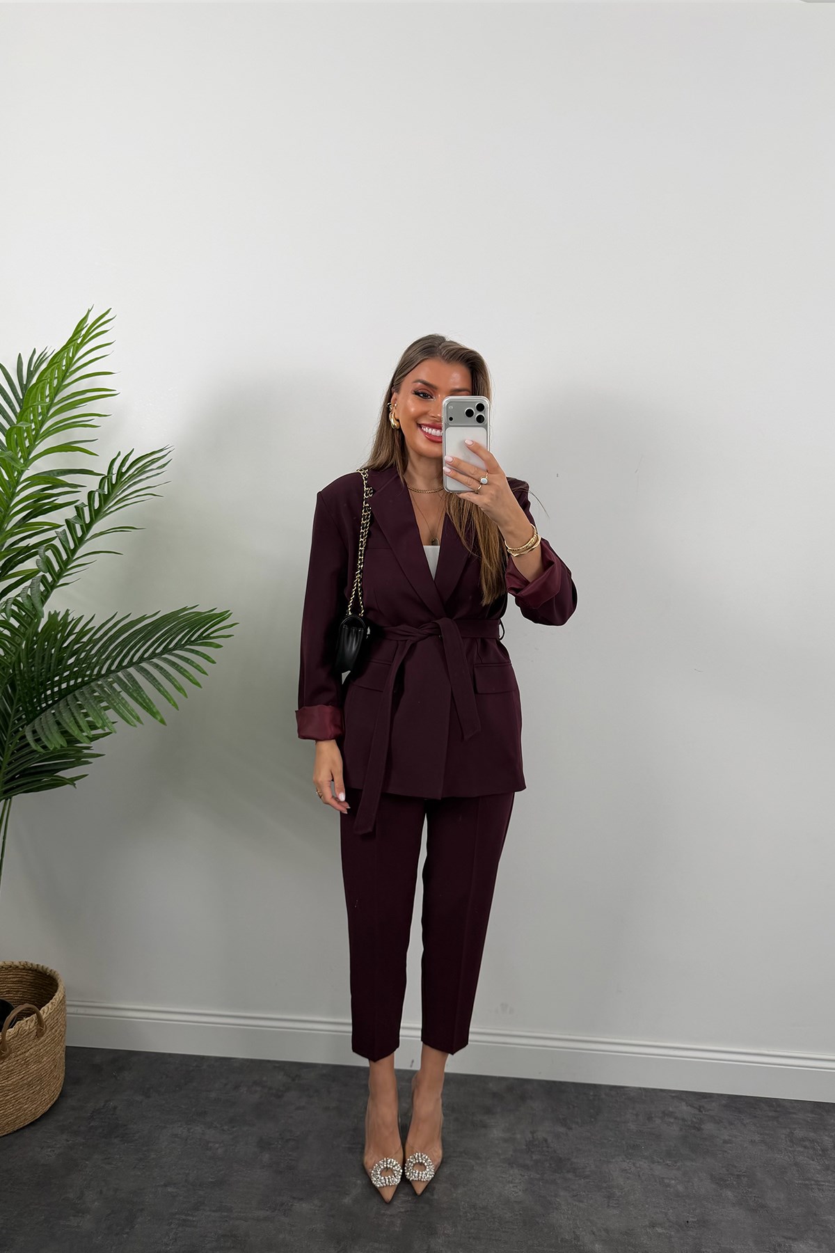 Premium Seri Kemerli Pantolon Ceket Takım Mürdüm