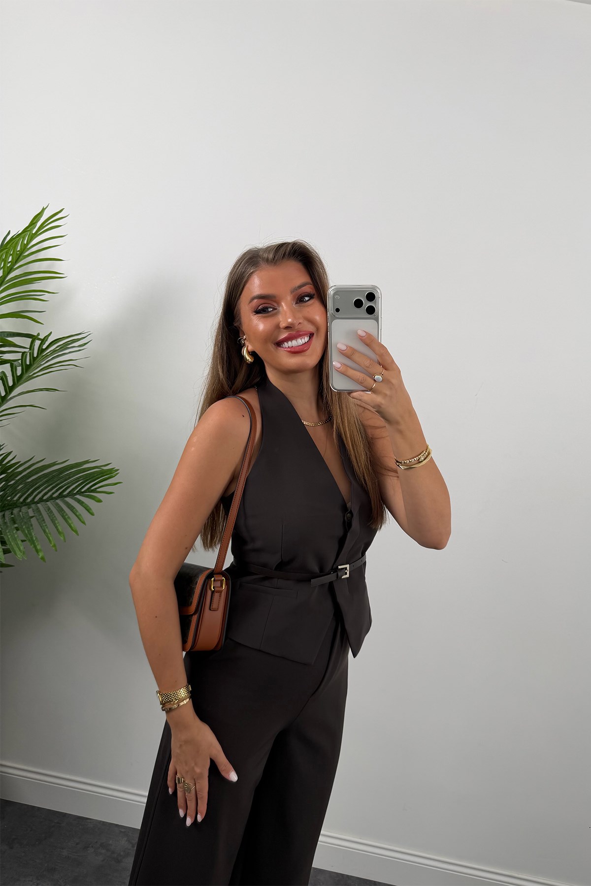 Premium Seri Kemerli Yelek Palazzo Takım Koyu Kahve