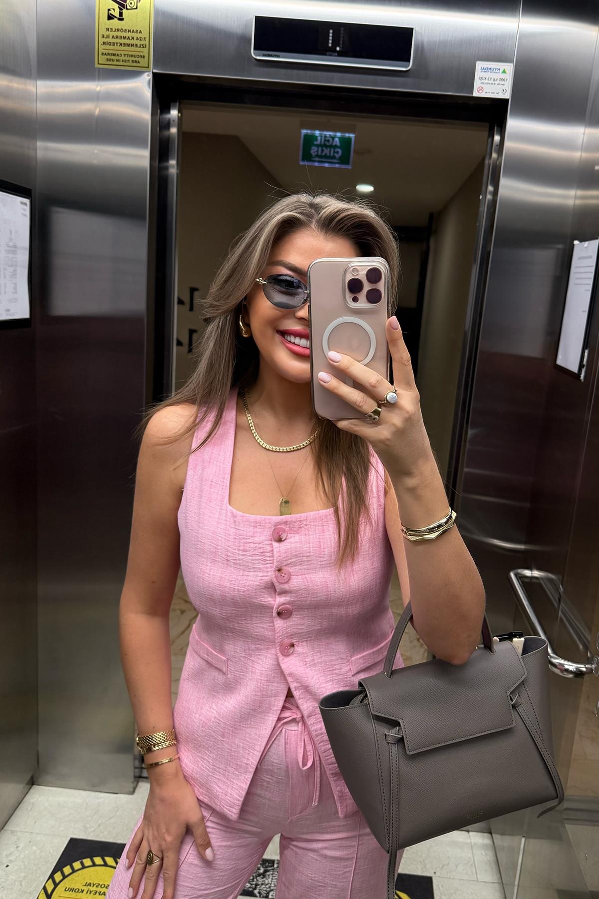 Premium Seri Kemik Düğmeli Yelek Palazzo Keten Takım Pembe