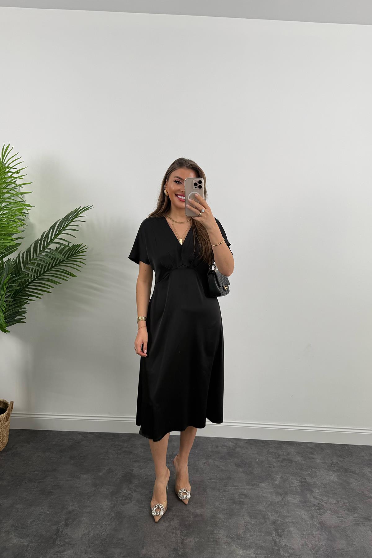 Premium Seri Kimono Kol Tok Saten Midi Boy Dökümlü Elbise Siyah