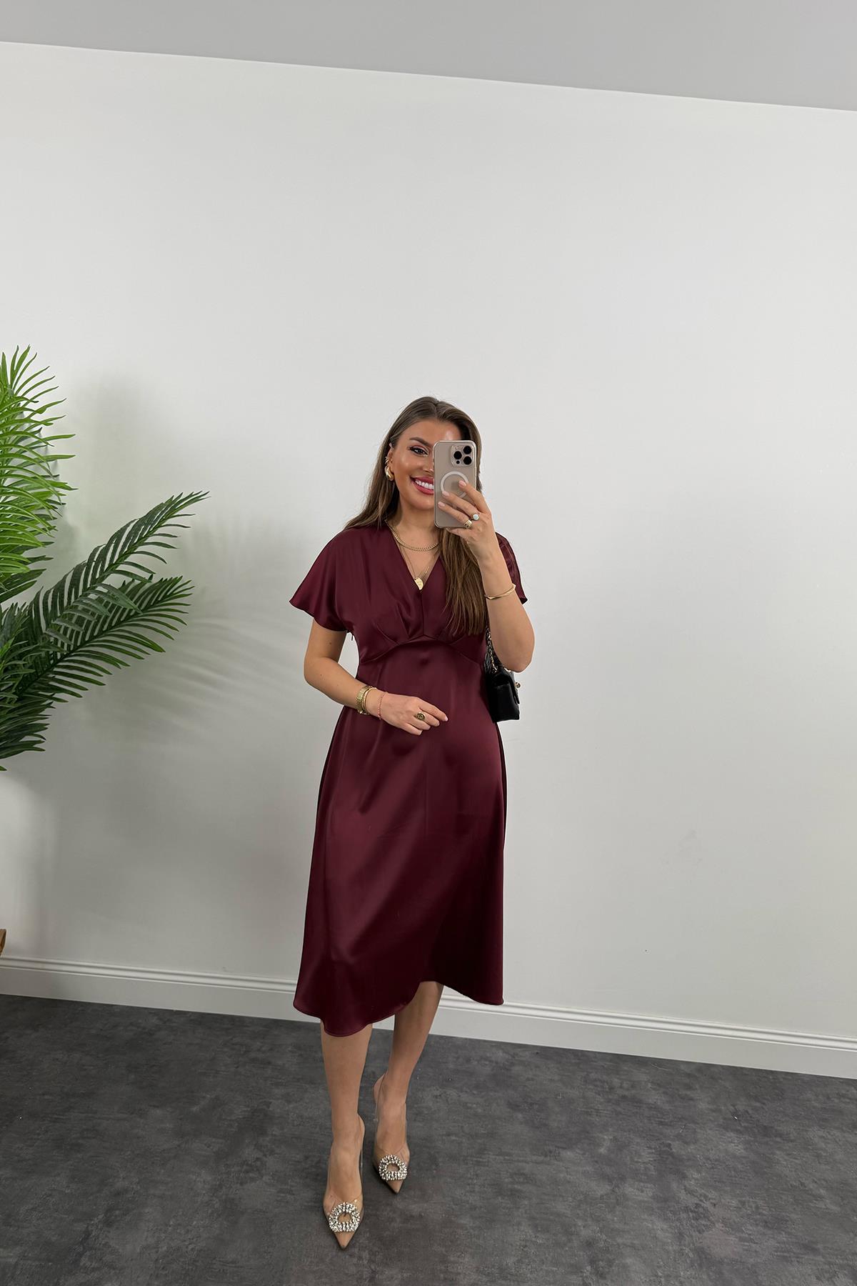 Premium Seri Kimono Kol Tok Saten Midi Boy Dökümlü Elbise Bordo