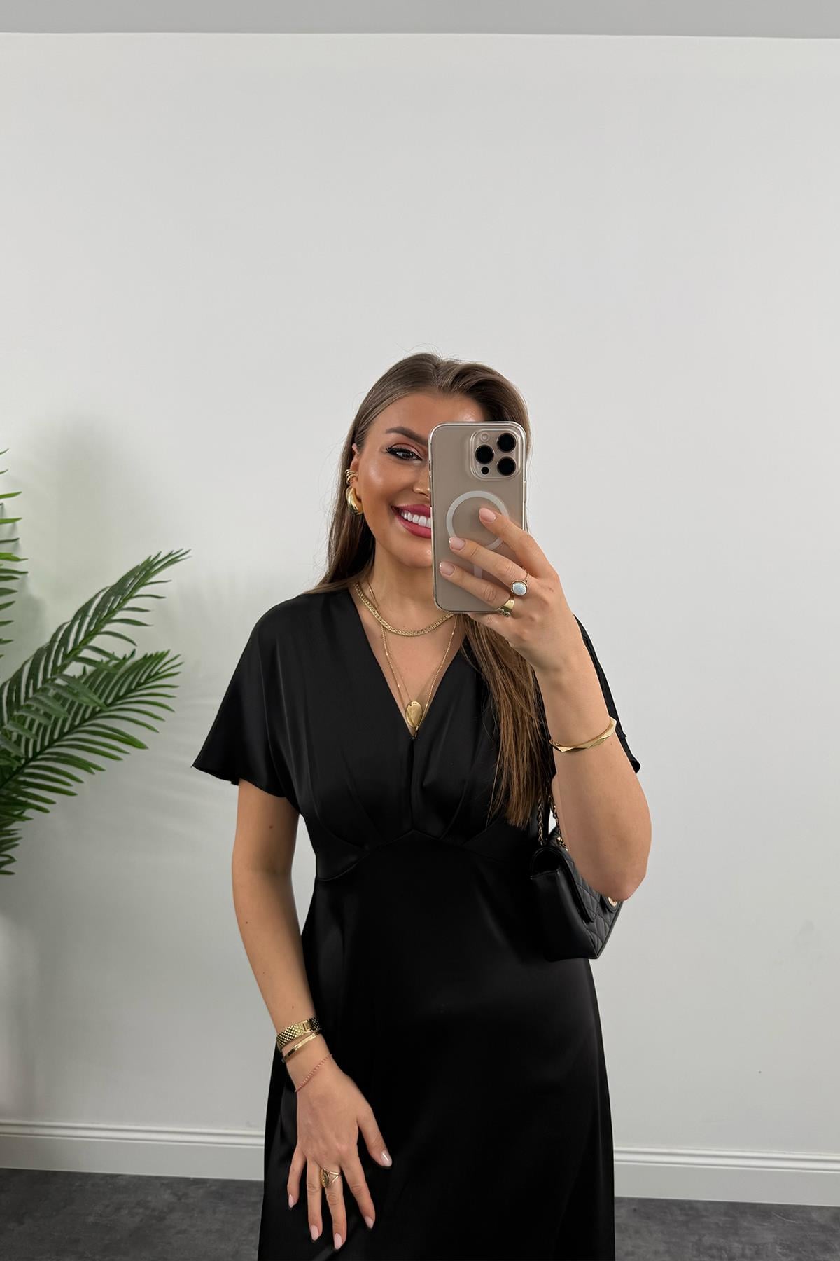 Premium Seri Kimono Kol Tok Saten Midi Boy Dökümlü Elbise Siyah