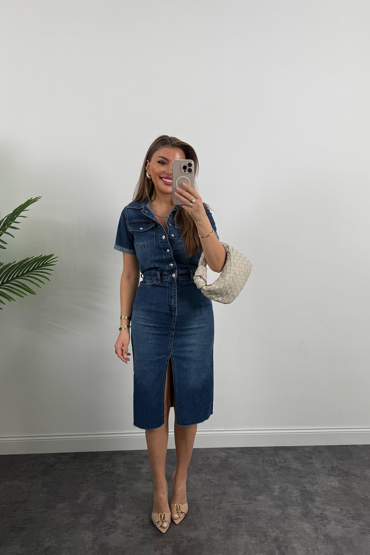 Premium Seri Kısa Kol Midi Boy Jean Elbise