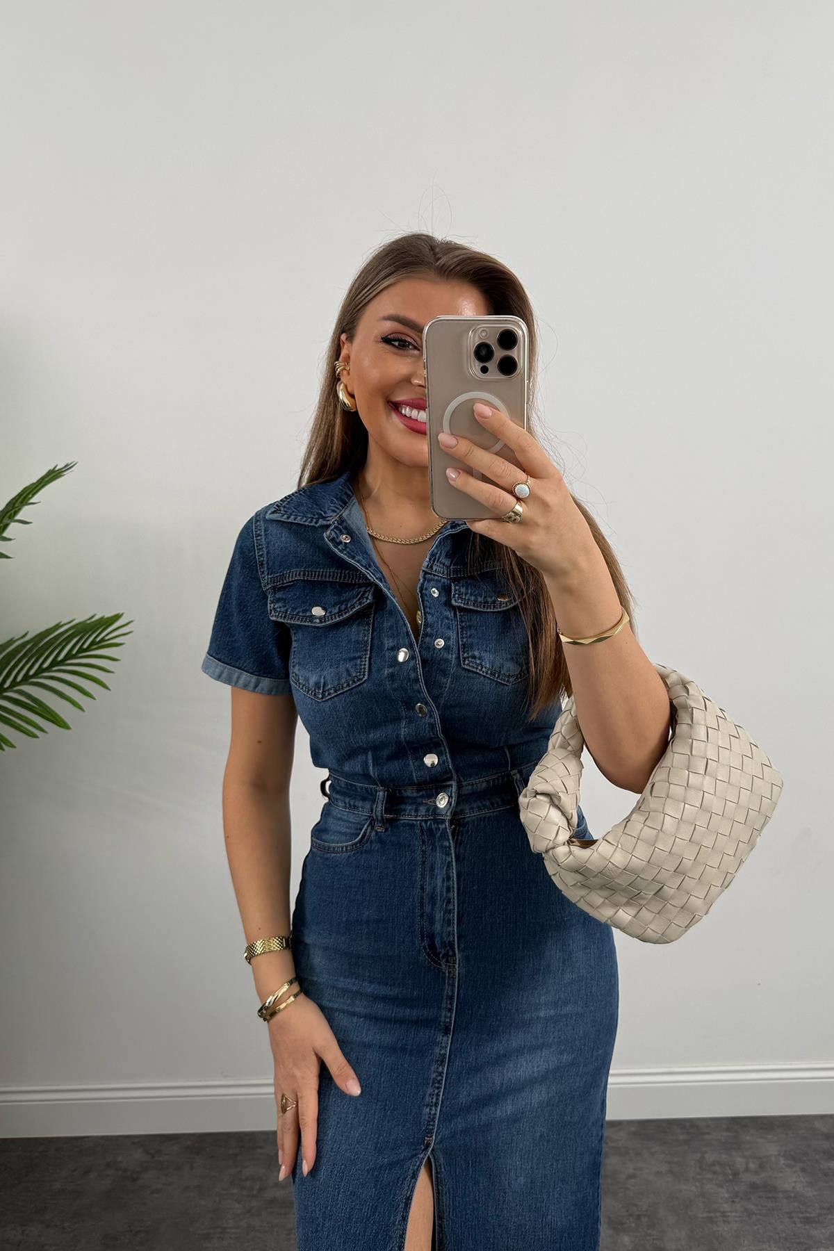 Premium Seri Kısa Kol Midi Boy Jean Elbise