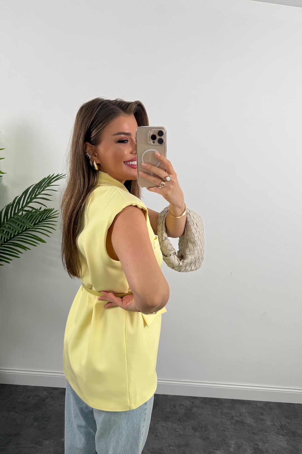 Premium Seri Klasik Kumaş Kemerli Yelek Bebek Sarı