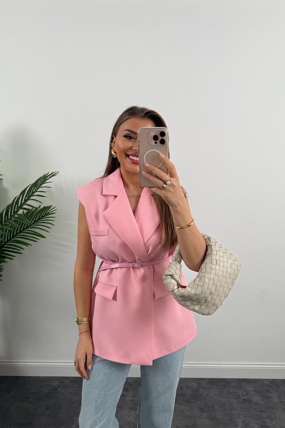 Premium Seri Klasik Kumaş Kemerli Yelek Bebek Pembe