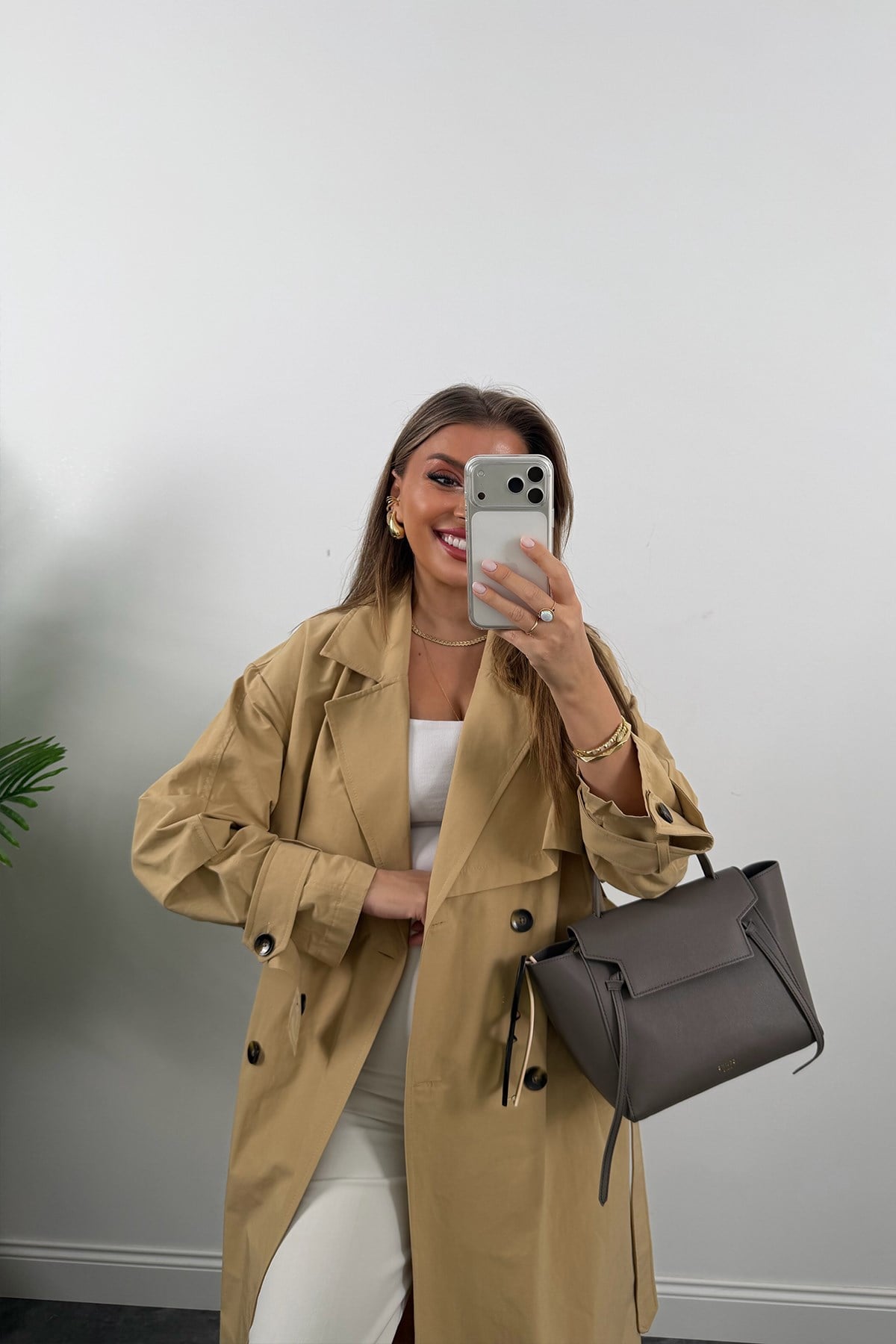 Premium Seri Kol Detaylı Özel Kumaş Maxi Trenç Camel