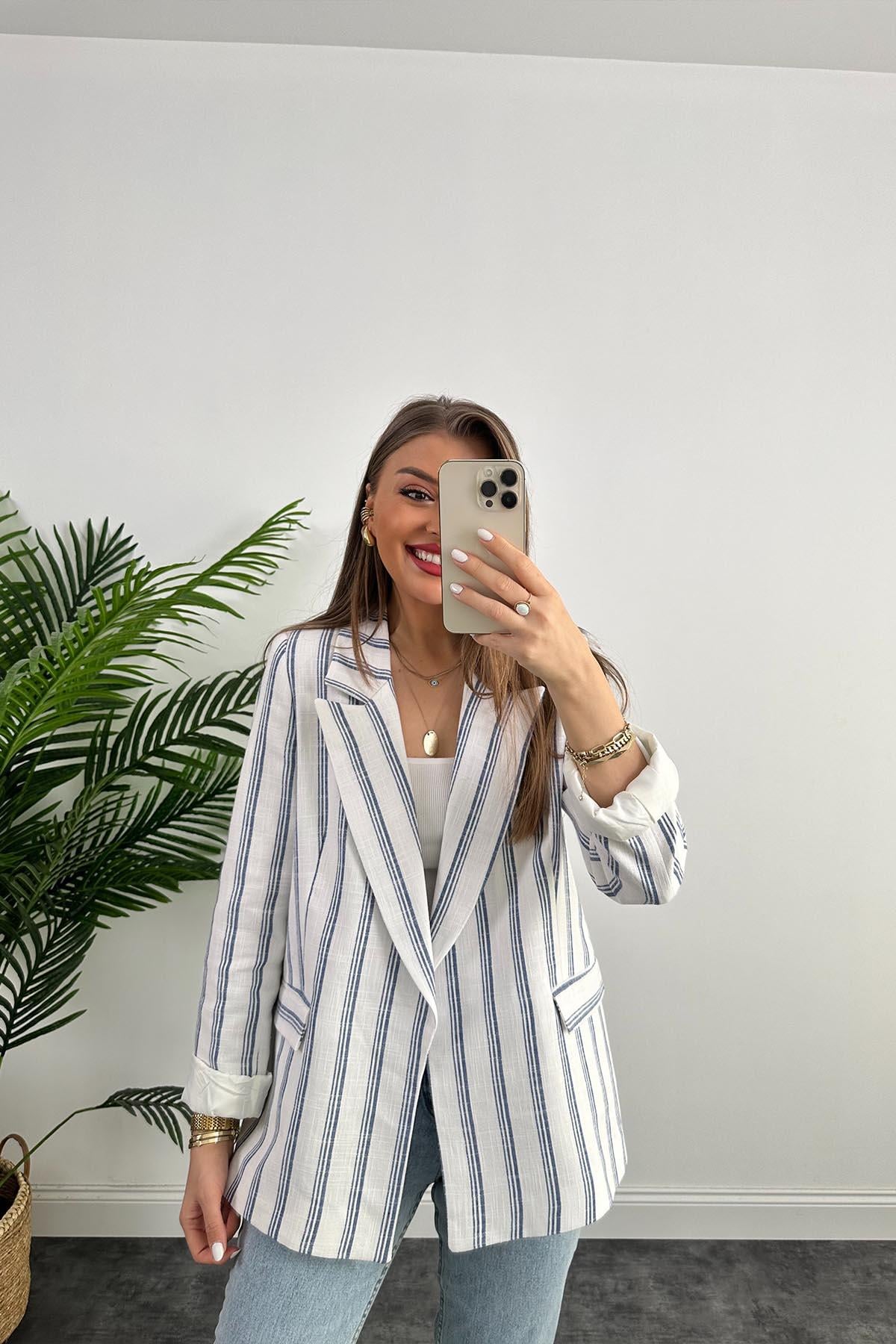 Premium Seri Lacivert Beyaz Çizgili Keten Blazer Ceket