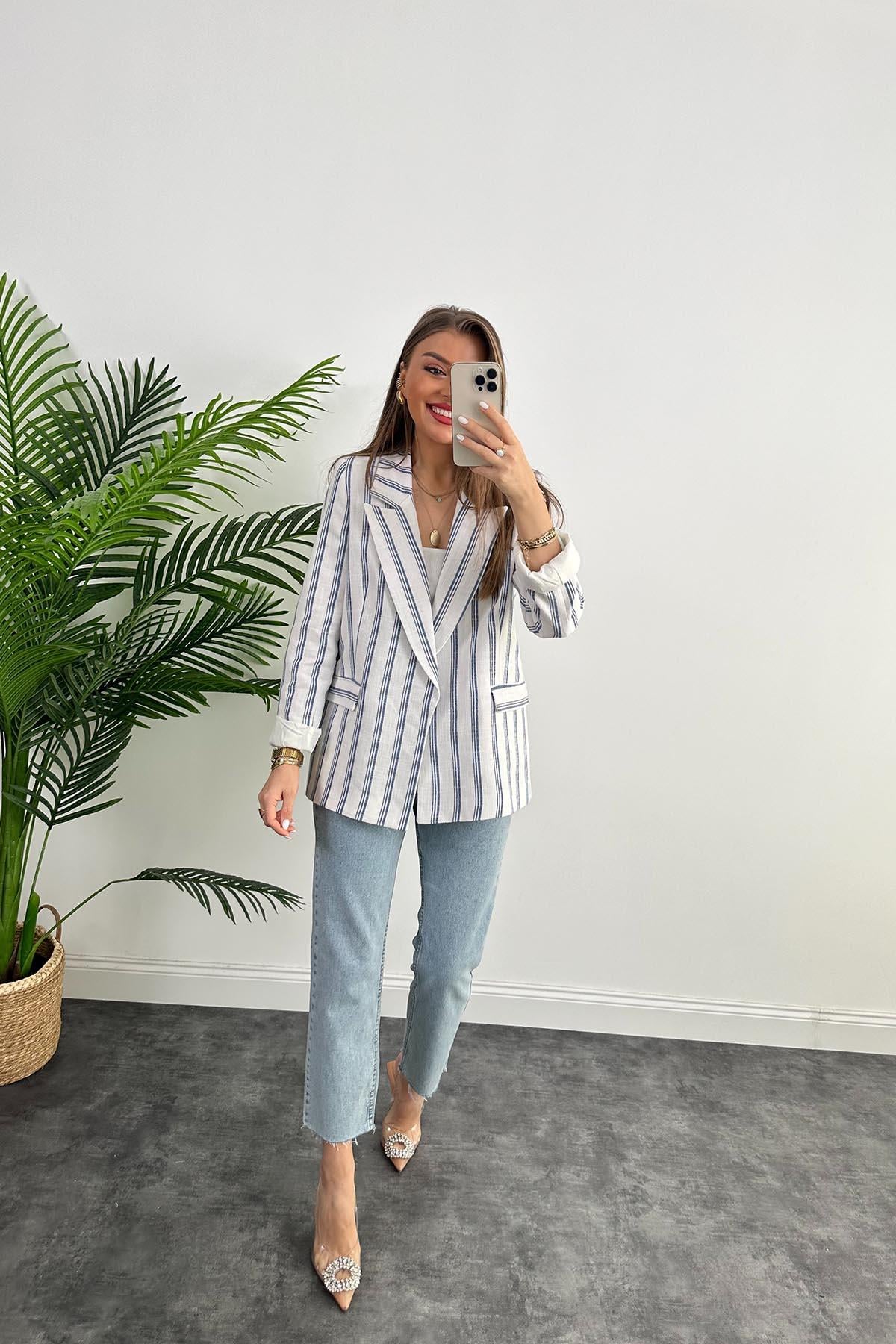 Premium Seri Lacivert Beyaz Çizgili Keten Blazer Ceket